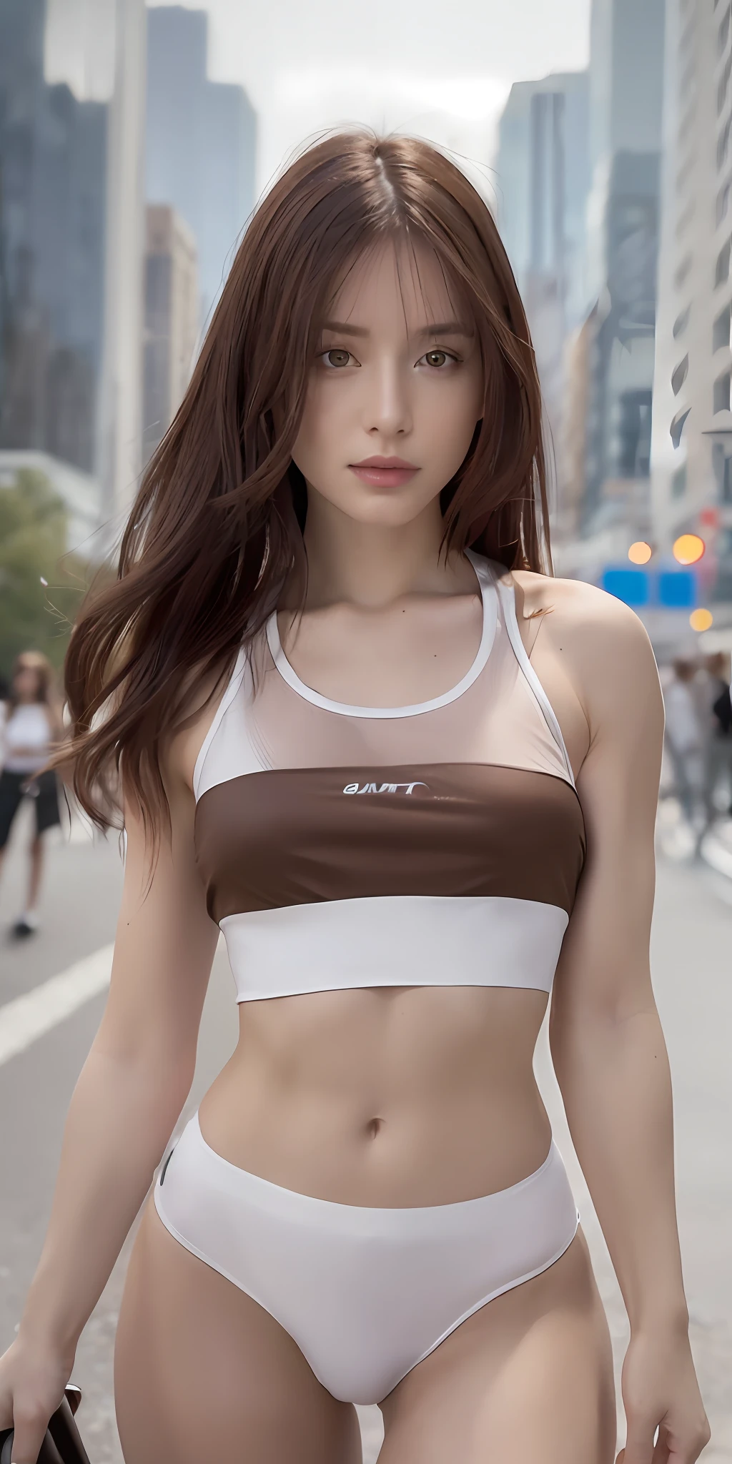 ((Realistic lighting, Best quality, 8K, Masterpiece: 1.3)), Clear focus: 1.2, 1girl, Perfect Figure: 1.4, Slim Abs: 1.1, ((Dark brown hair)), (White crop top: 1.4), (Outdoor, Night: 1.1), City streets, Super fine face, Fine eyes, Double eyelids,