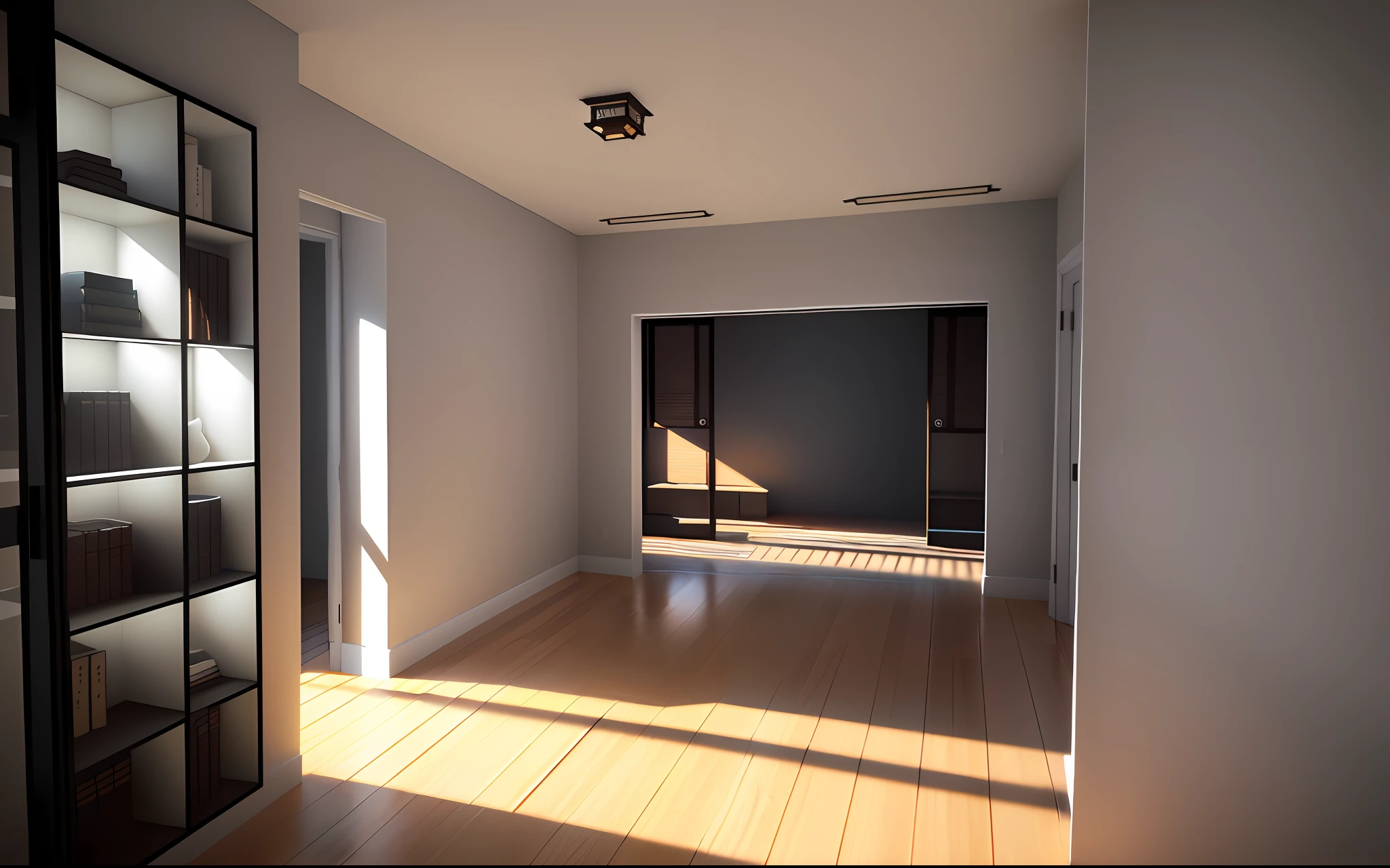 There is a room with windows and bookshelves, low angle second rendering, render lighting, pre-rendering, rendering in Unreal Engine 3, physically based rendering, rendering in Unreal, photos of 3D ios Room, Vue 3D rendering, rendering in Unreal Engine, rendering 3D in Unreal Engine, detailed rendering, very detailed rendering, 3D final rendering, dark glass case in front, white place for warm wall paint, a set of dark black mahogany furniture on the floor, curtains in warm colors, Neo-Chinese style, medieval style, wabi-sabi style, the interior has natural elements. --auto --s2