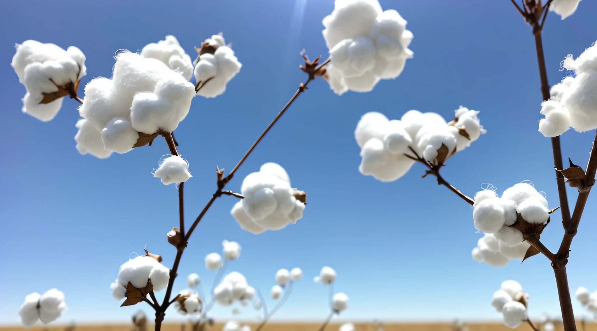 Close-up of cotton with blue sky as background, lots of white cotton, cotton clouds, fluff, buds, organic details of cotton fabrics, in the New Mexico morning details, present a crisp and sharp texture and perfect fluffy fluff, creating a soft and fluffy atmosphere.
