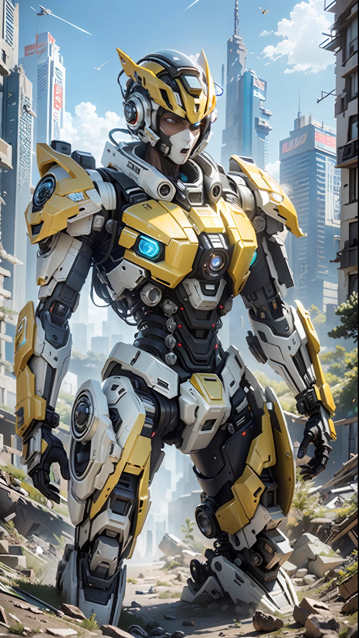 ((Best Quality)), ((Masterpiece)), (Very Detailed:1.3), 3D, Shitu-mecha, Super cool cyberpunk man with his mecha in the ruins of the city in the forgotten war, ancient technology, HDR (High Dynamic Range), ray tracing, NVIDIA RTX, super resolution, Unreal 5, subsurface scattering, PBR texture, post-processing, anisotropic filtering, depth of field, maximum sharpness and sharpness, multi-layer texture, albedo and highlight maps, surface shading, Accurate simulation of light-material interactions, perfect proportions, octane rendering, duotone lighting, low ISO, white balance, rule of thirds, wide aperture, 8K RAW, efficient sub-pixels, subpixel convolution, luminescent particles, light scattering, Tyndall effect