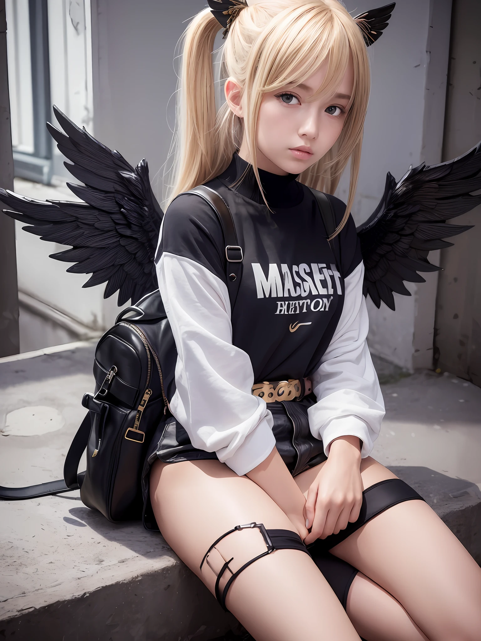 (8k, best quality, masterpiece: 1, 2), (realistic, realistic: 1, 37), top quality, masterpiece, no inner inside, blonde hair, long hair, bangs, big ponytail, golden pupils, golden eyes, six-winged angel wings, head ring, white head flower, casual wear, black backpack strap, neck strap, bare foot, leg ring, flat chest, tomboy, one --auto --s2