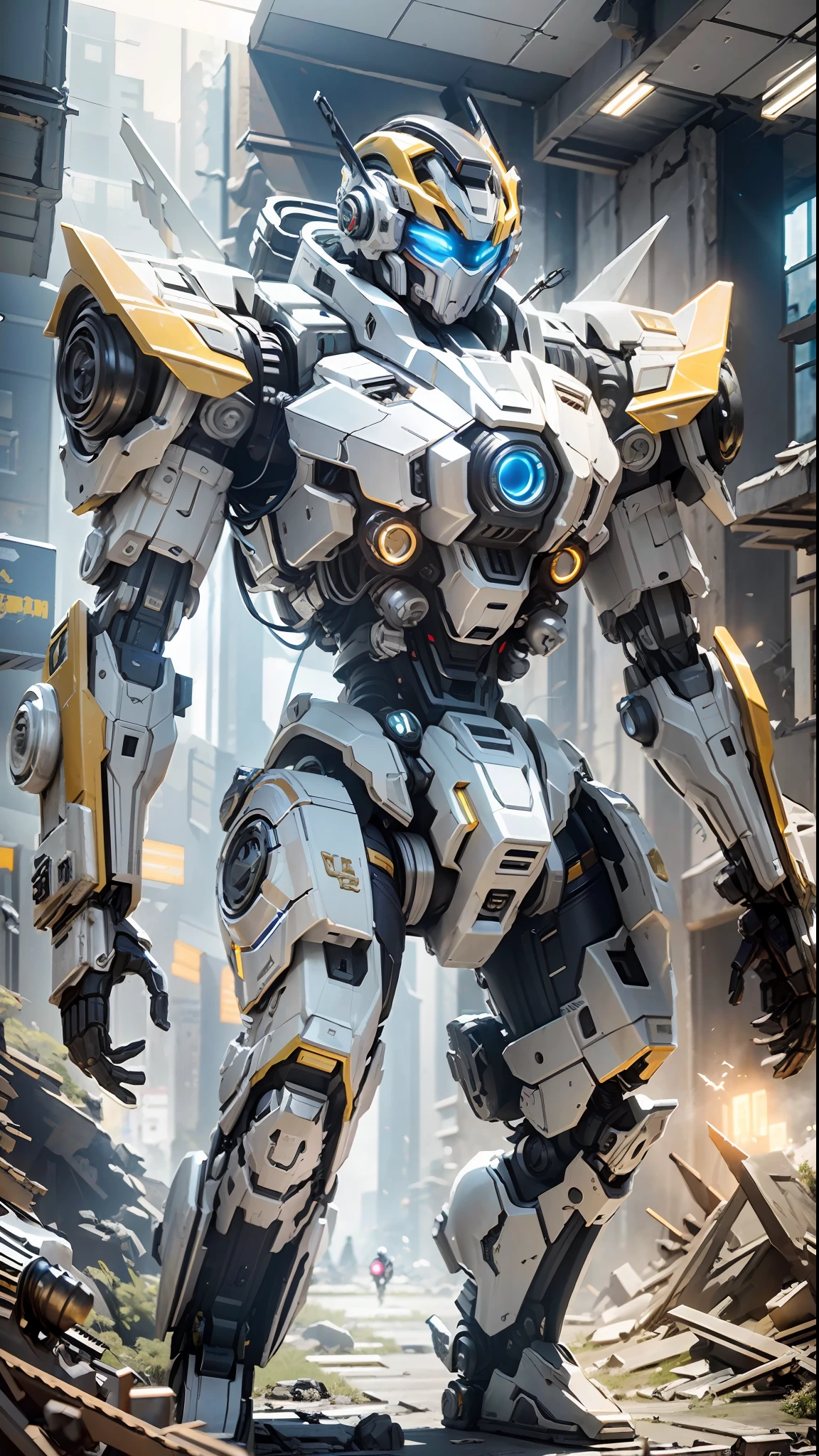 ((Best Quality)), ((Masterpiece)), (Very Detailed:1.3), 3D, Shitu-mecha, Super cool cyberpunk man with his mecha in the ruins of the city in the forgotten war, ancient technology, HDR (High Dynamic Range), ray tracing, NVIDIA RTX, super resolution, Unreal 5, subsurface scattering, PBR texture, post-processing, anisotropic filtering, depth of field, maximum sharpness and sharpness, multi-layer texture, albedo and highlight maps, surface shading, Accurate simulation of light-material interactions, perfect proportions, octane rendering, duotone lighting, low ISO, white balance, rule of thirds, wide aperture, 8K RAW, efficient sub-pixels, subpixel convolution, luminescent particles, light scattering, Tyndall effect