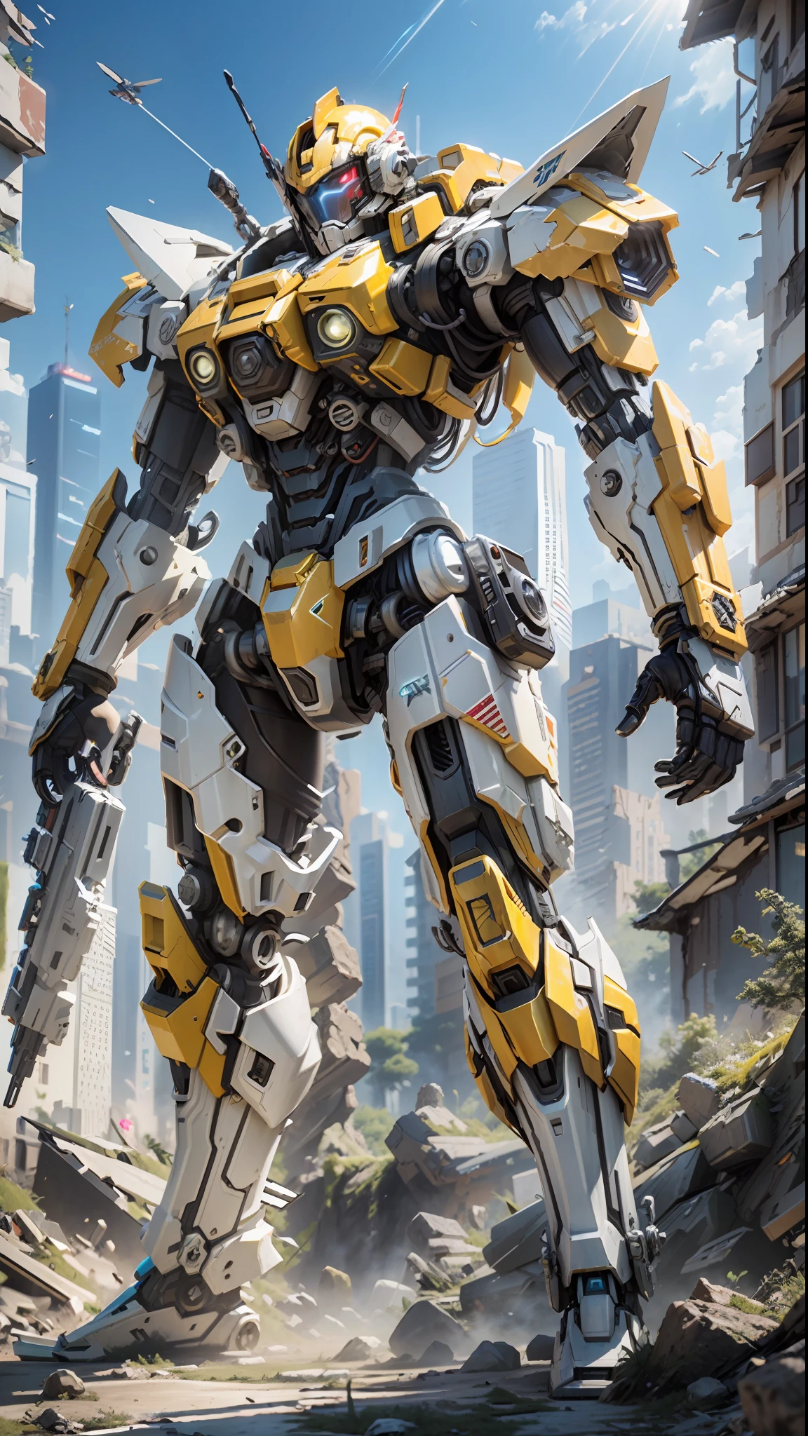 ((Best Quality)), ((Masterpiece)), (Very Detailed:1.3), 3D, Shitu-mecha, Super cool cyberpunk man with his mecha in the ruins of the city in the forgotten war, ancient technology, HDR (High Dynamic Range), ray tracing, NVIDIA RTX, super resolution, Unreal 5, subsurface scattering, PBR texture, post-processing, anisotropic filtering, depth of field, maximum sharpness and sharpness, multi-layer texture, albedo and highlight maps, surface shading, Accurate simulation of light-material interactions, perfect proportions, octane rendering, duotone lighting, low ISO, white balance, rule of thirds, wide aperture, 8K RAW, efficient sub-pixels, subpixel convolution, luminescent particles, light scattering, Tyndall effect