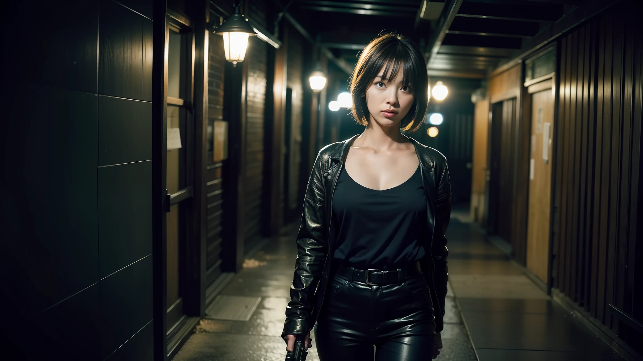 Photographs, (Photorealistic: 1.4), (Hyperrealistic: 1.4), (Cinematic: 1.5), Woman in her twenties, Japan, Woman with a gun, Desert Eagle, night, blue light, tension, Short hair, Holding a gun in both hands, basement