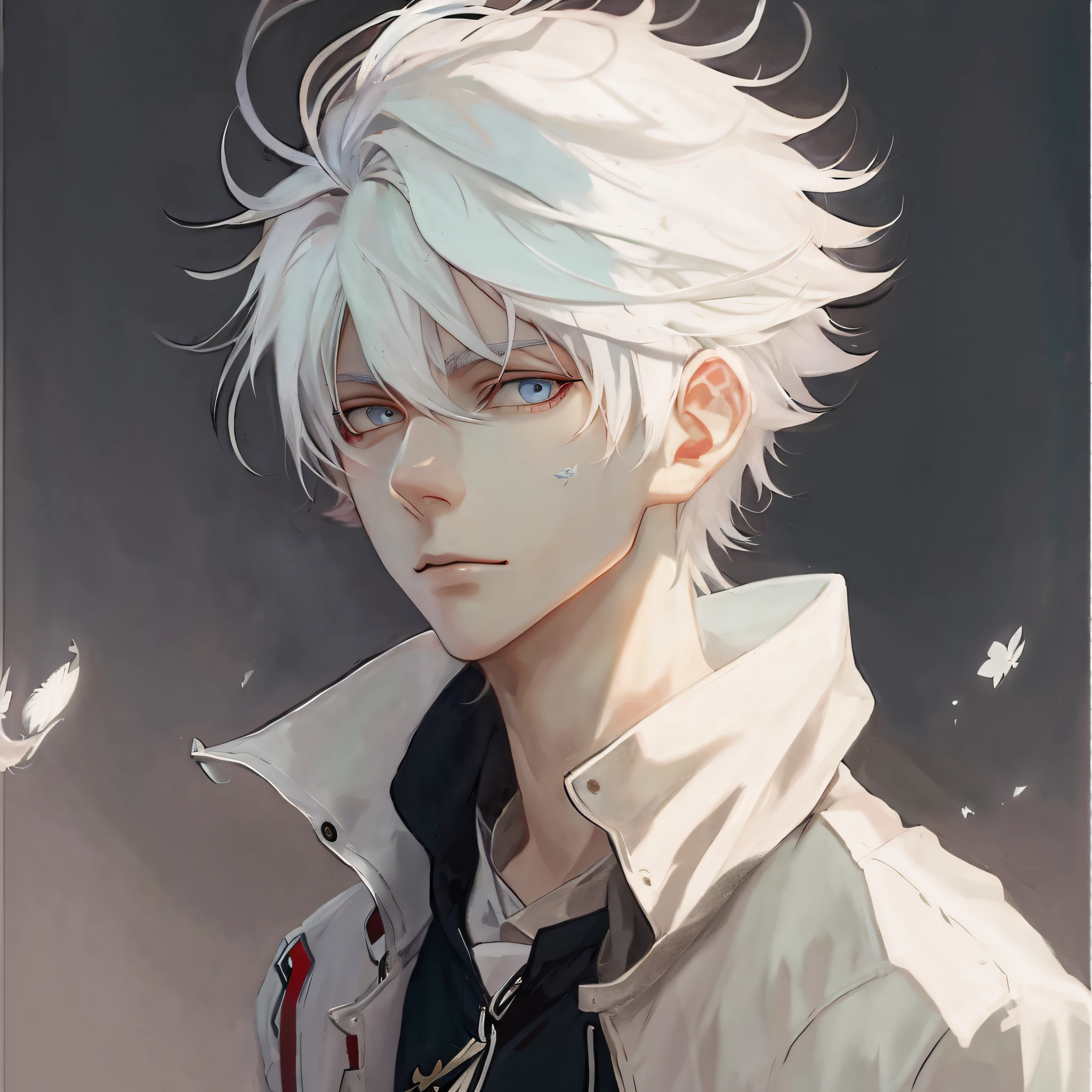 Anime boy with white hair and blue eyes wearing white jacket, white hair, tall anime man with blue eyes, anime boy, male anime style, stunning anime face portrait, white hair, detailed anime character art, ArtStation pixiv trend, male anime character, anime portrait of a handsome man, young anime person, beautiful anime portrait, anime character portrait, left face retouching --auto --s2