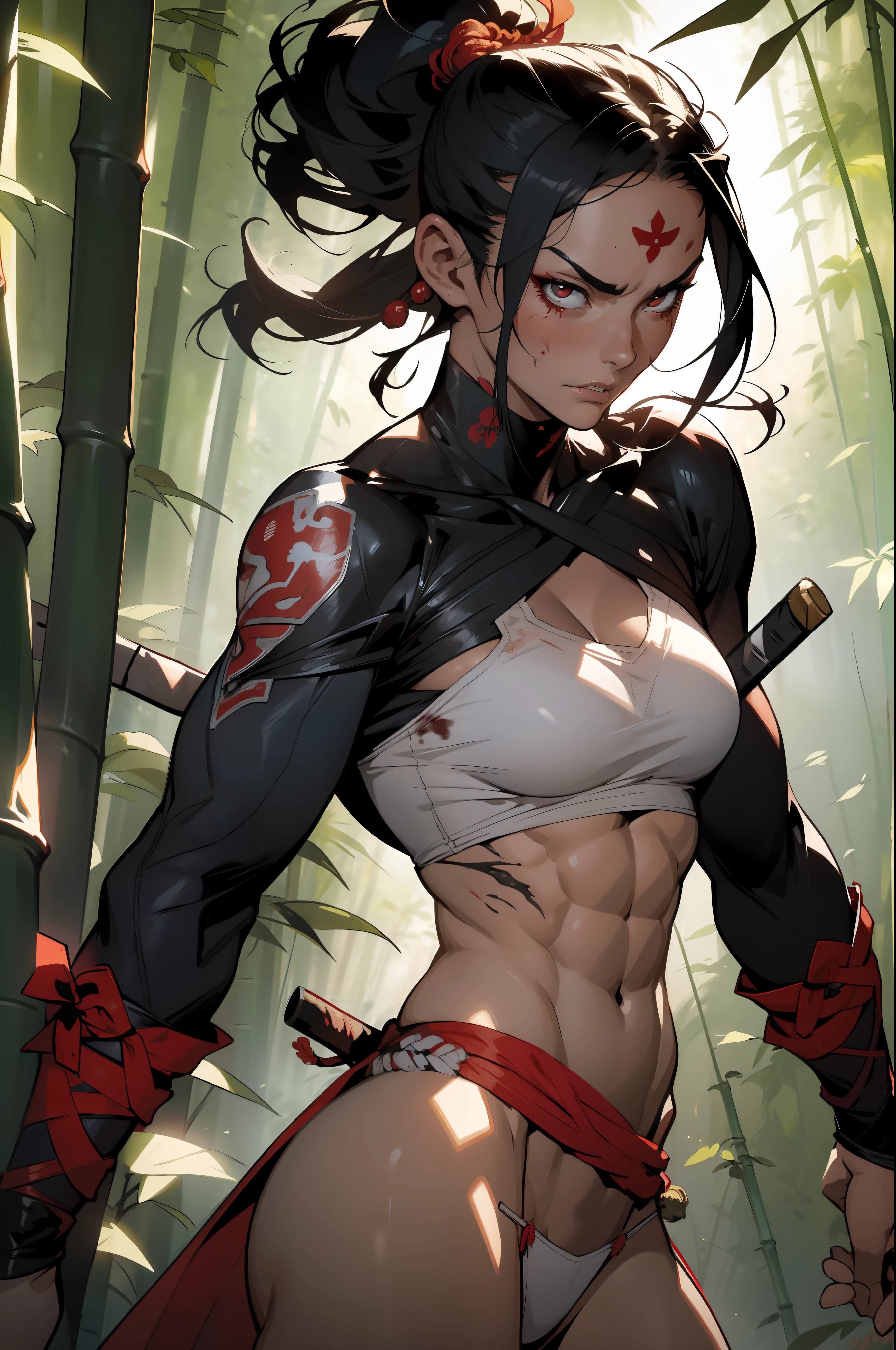 ((Simon Bisley)), Beautiful full-bodied woman, 30 years old, muscular and perfect body, samurai warrior with little clothing, tiny thong, large breasts, generous neckline, holding a blood-stained katana sword, Japanese, eyes pulled, samurai clothing, black hair fulfilled smooth band on forehead, brave face, dark kingdom, sexy pose, walking among bamboo forest