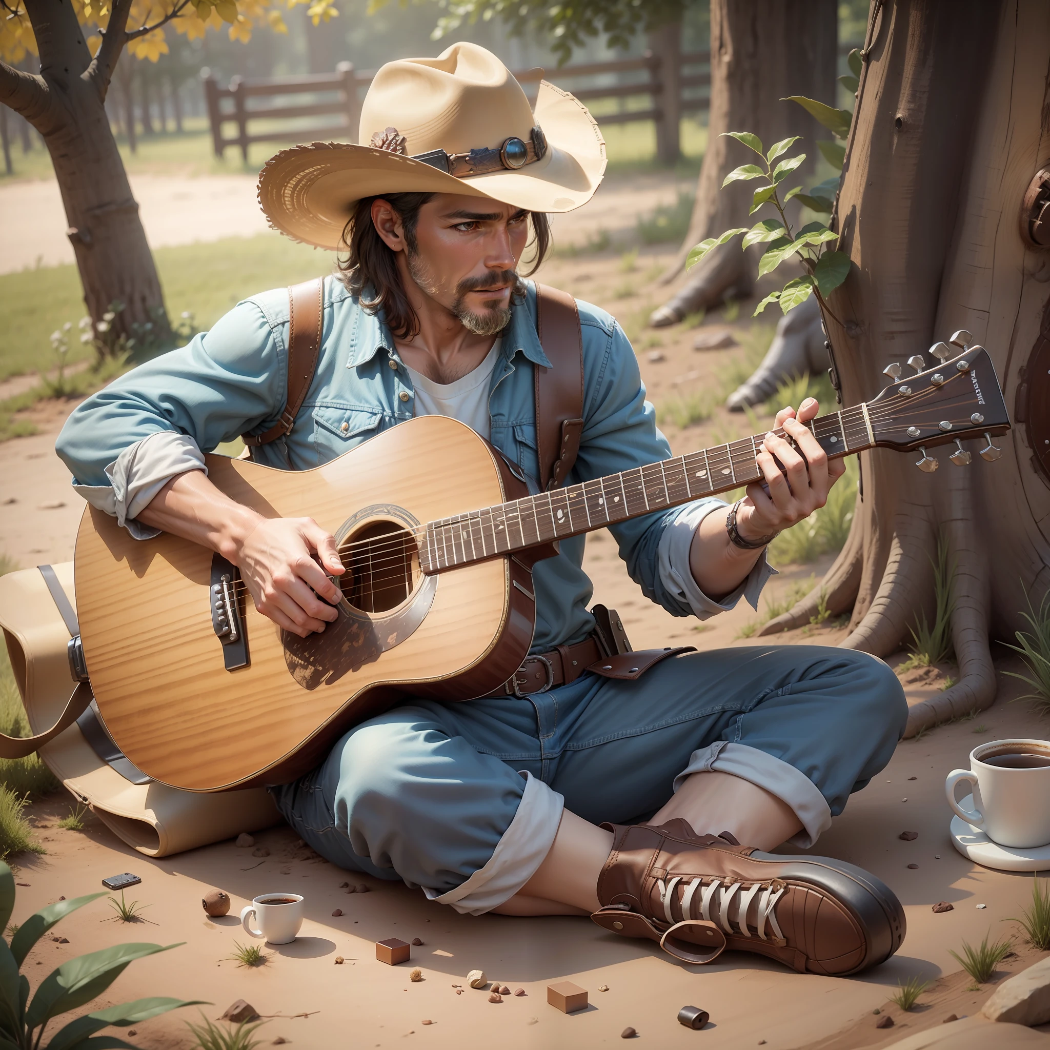 Cowboy playing guitar under a tree,coffee cup on the floor,dust,horse,artwork,3D,4K,Detailed,Realistic