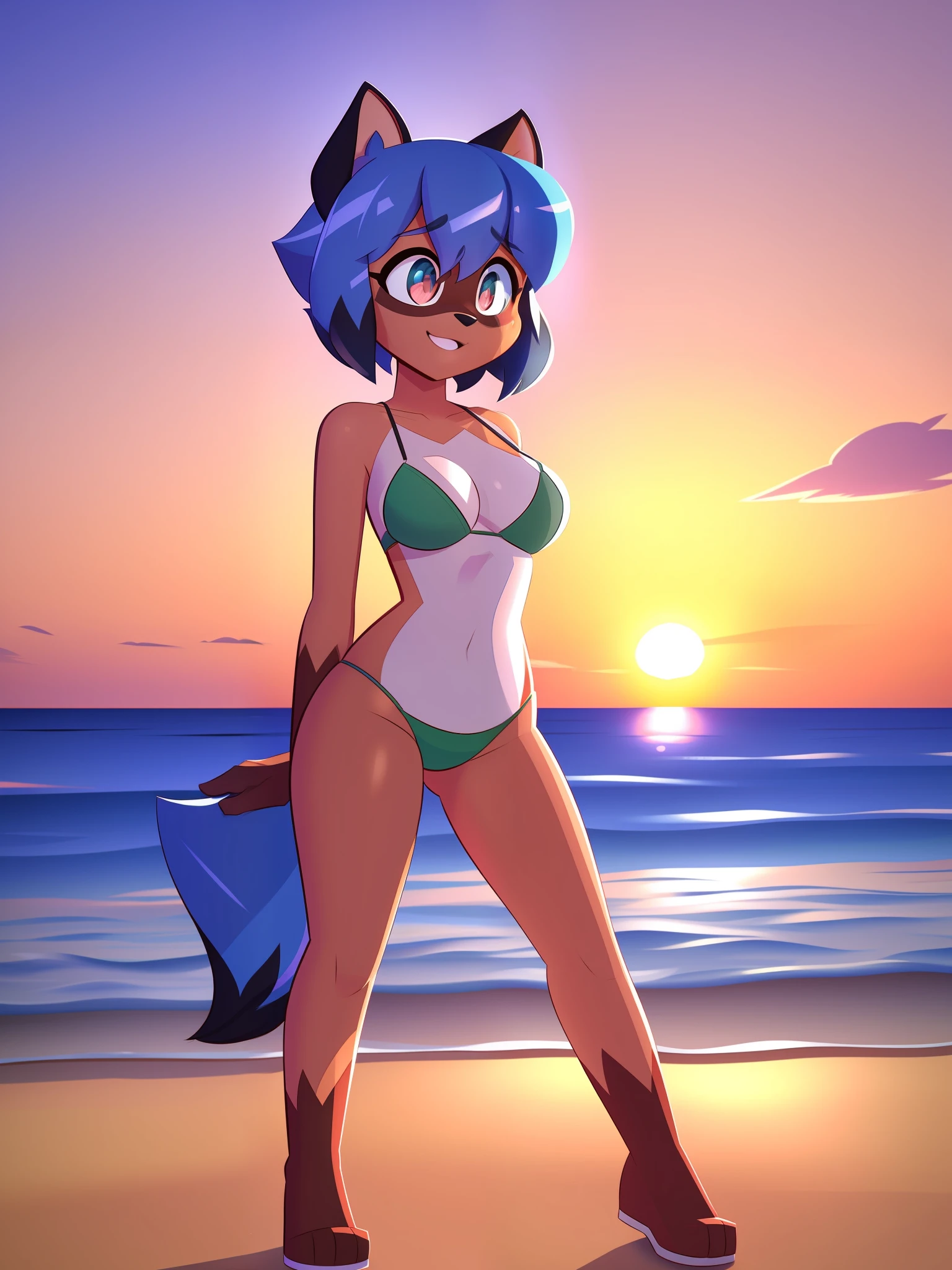 by kilinah, (coffeesoda:1.1), hioshiru, kilinah, furry, michiru kagemori, anthro, female, solo, full body, mocking look, red bikini, legs open, standing, blue hair, blue tail, sexy look, sensual, beach, sunset, big breasts, cinematic lighting, detailed, masterpiece, 3D, 3DMM