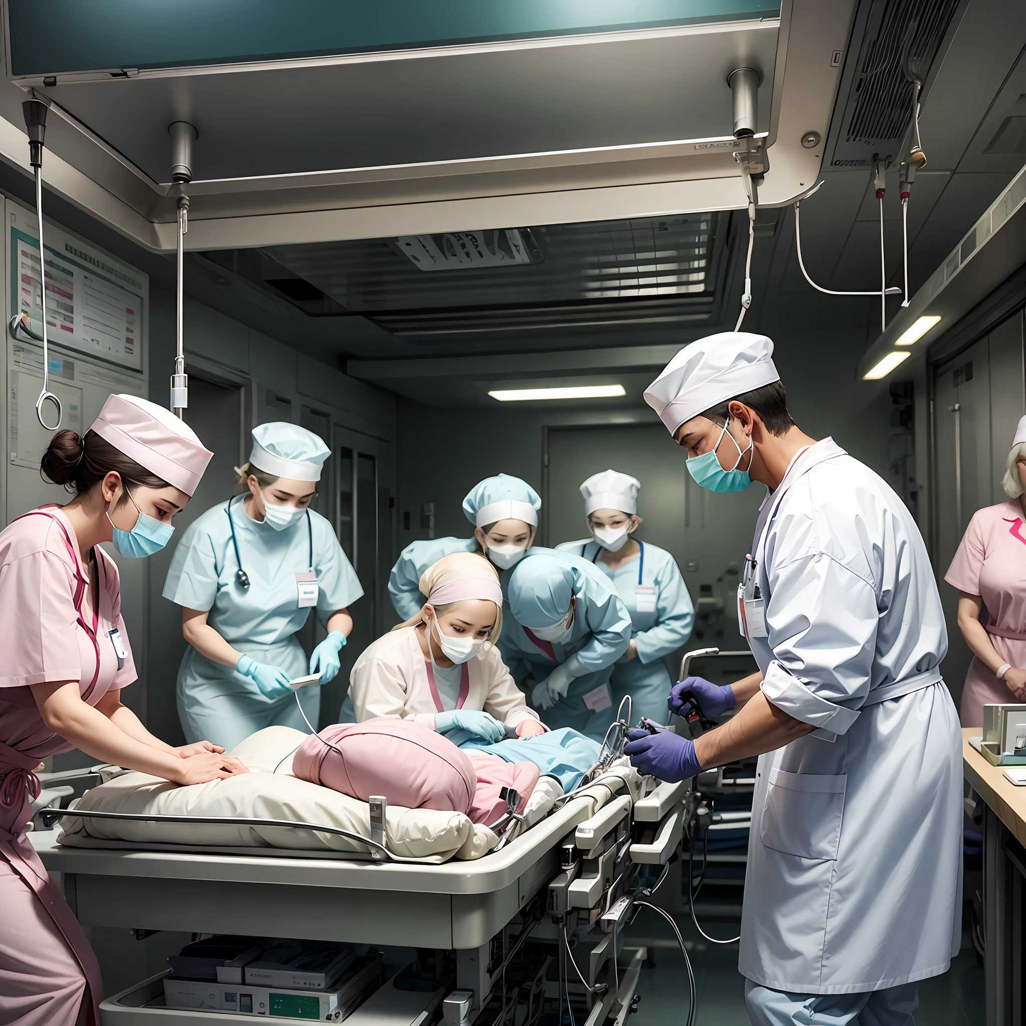A group of surgeons and nurses wearing surgical gowns operate on elderly heart patients in a sterile operating room --auto --s2