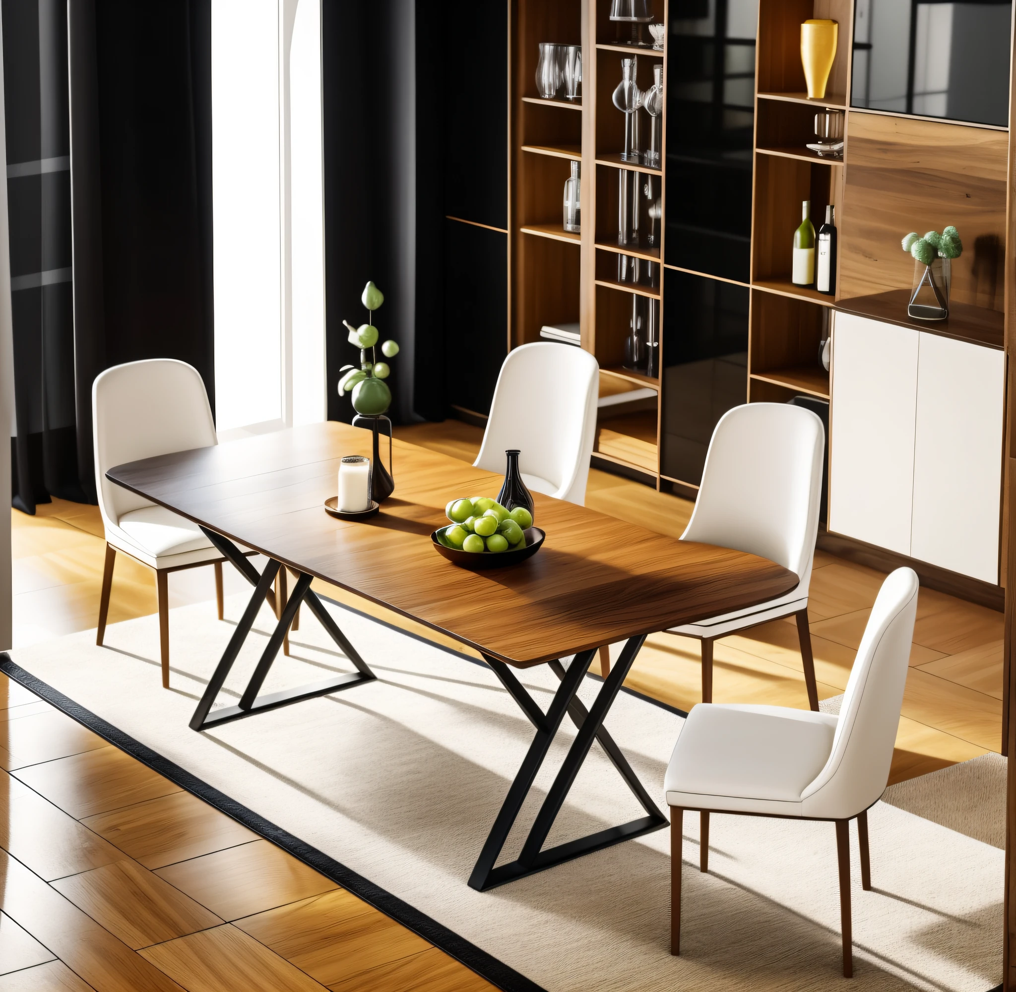 There is a table with chairs and a bowl of fruit, rectangular wooden table with black cross base large, wooden table, dining table, dining table, wooden table, high quality, wooden table, elegant and sophisticated, elegant furniture, smooth lines, powerful, table, 2021, 2 0 2 1, white kitchen table, 2022