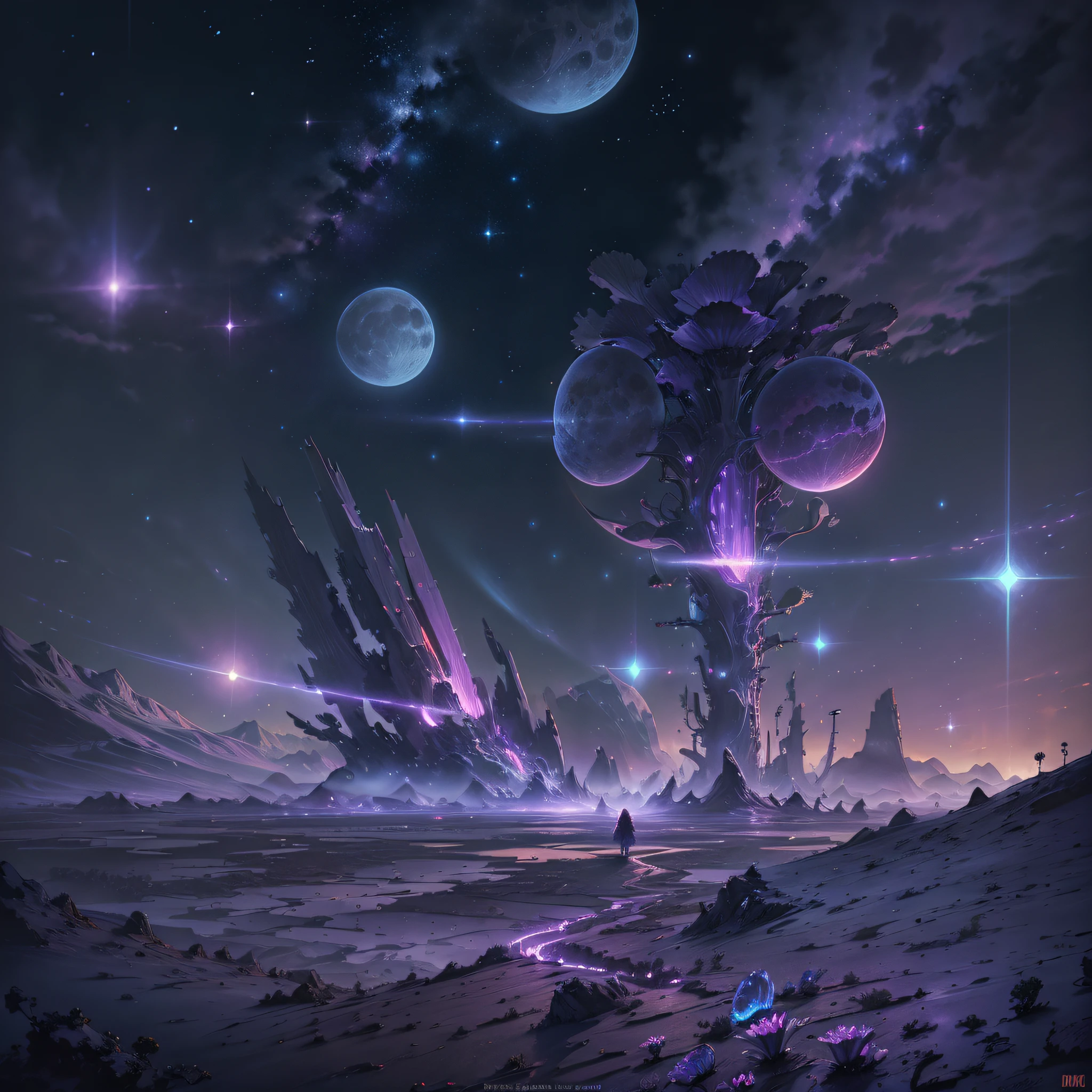 expansive landscape photograph , (a view from below that shows sky above and open field below), a girl standing on flower field looking up, (full moon:1.2), ( shooting stars:0.9), (nebula:1.3), distant mountain, tree BREAK
production art, (warm light source:1.2), (Firefly:1.2), lamp, lot of purple and orange, intricate details, volumetric lighting BREAK
(masterpiece:1.2), (best quality), 4k, ultra-detailed, (dynamic composition:1.4), highly detailed, colorful details,( iridescent colors:1.2), (glowing lighting, atmospheric lighting), dreamy, magical, (solo:1.2) --auto --s2