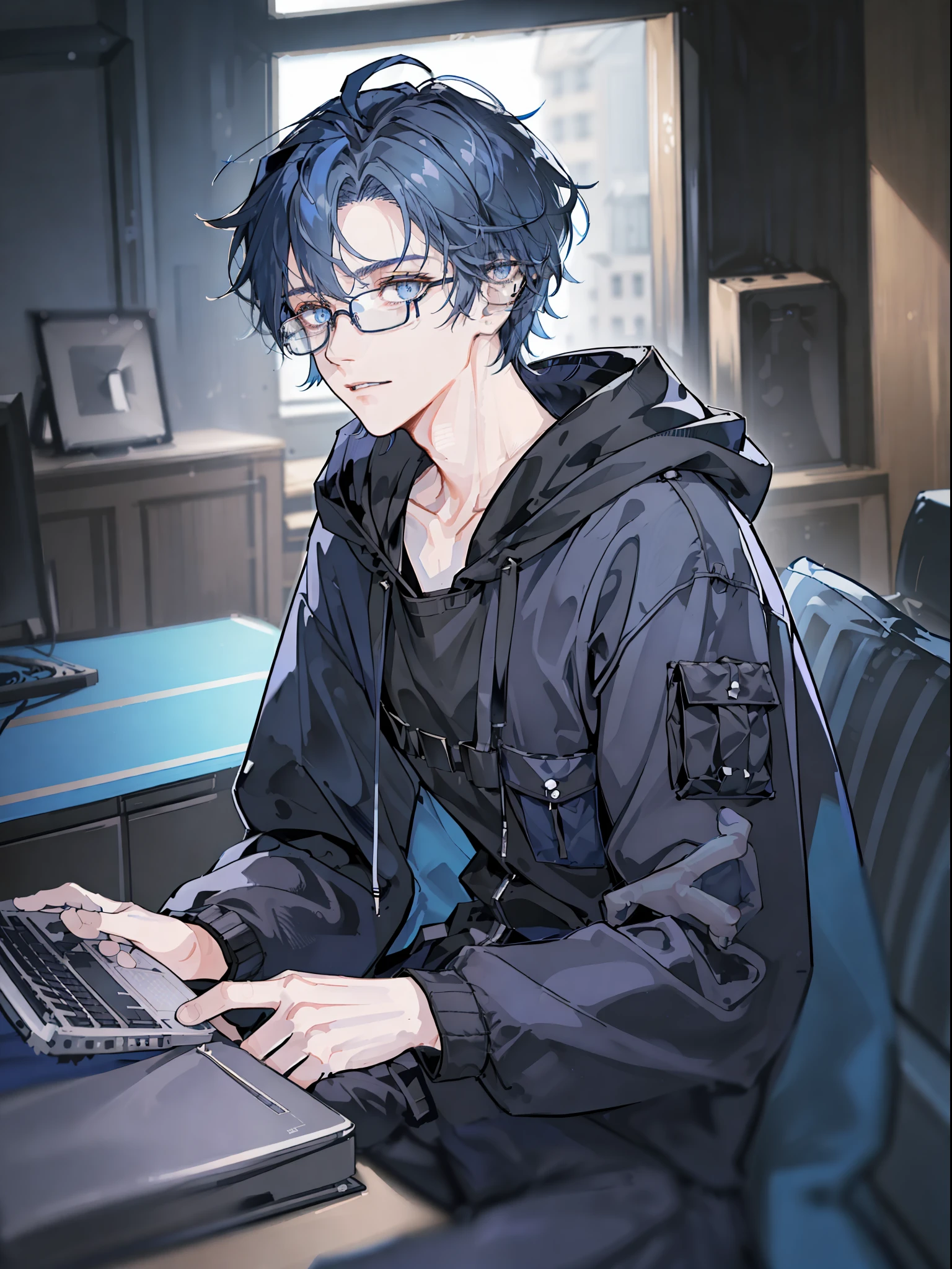 ((highest quality, masterpiece, 4k, finely detailed, detailed eyes, detailed face, intricate details, gelbooru, pixiv)), ((solo)), 1boy, male, masculine, skinny, lanky, ((shaggy messy hair, longer bangs falling into face, blue hair color with dark blue strands)), ((steel blue eye color, half-lidded tired eye shape, bags under eyes)), looking at viewer, neutral expression, hands resting on lap, (((modern hoodie with dark blue and black colors, baggy black cargo pants))), hacker room background, ((wearing thick glasses with square frame-shape)), square jaw line, sitting on computer chair