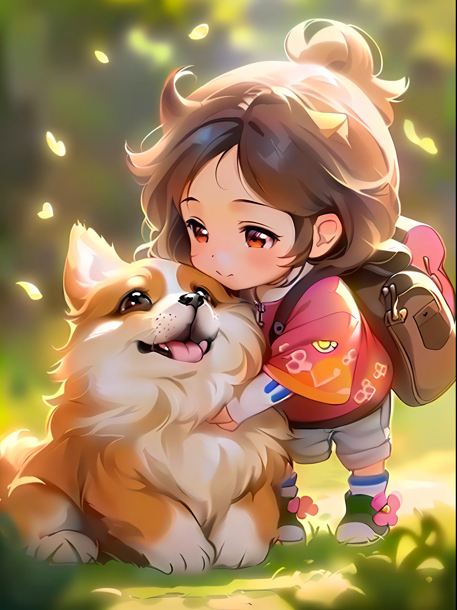 a close up of a person hugging a dog on a field, adorable digital painting, cute digital art, cute detailed digital art, cute detailed artwork, cute art style, cute character, cute anime, cute cartoon, cute cartoon character, by Yang J, soft anime illustration, artgerm and atey ghailan, cute artwork