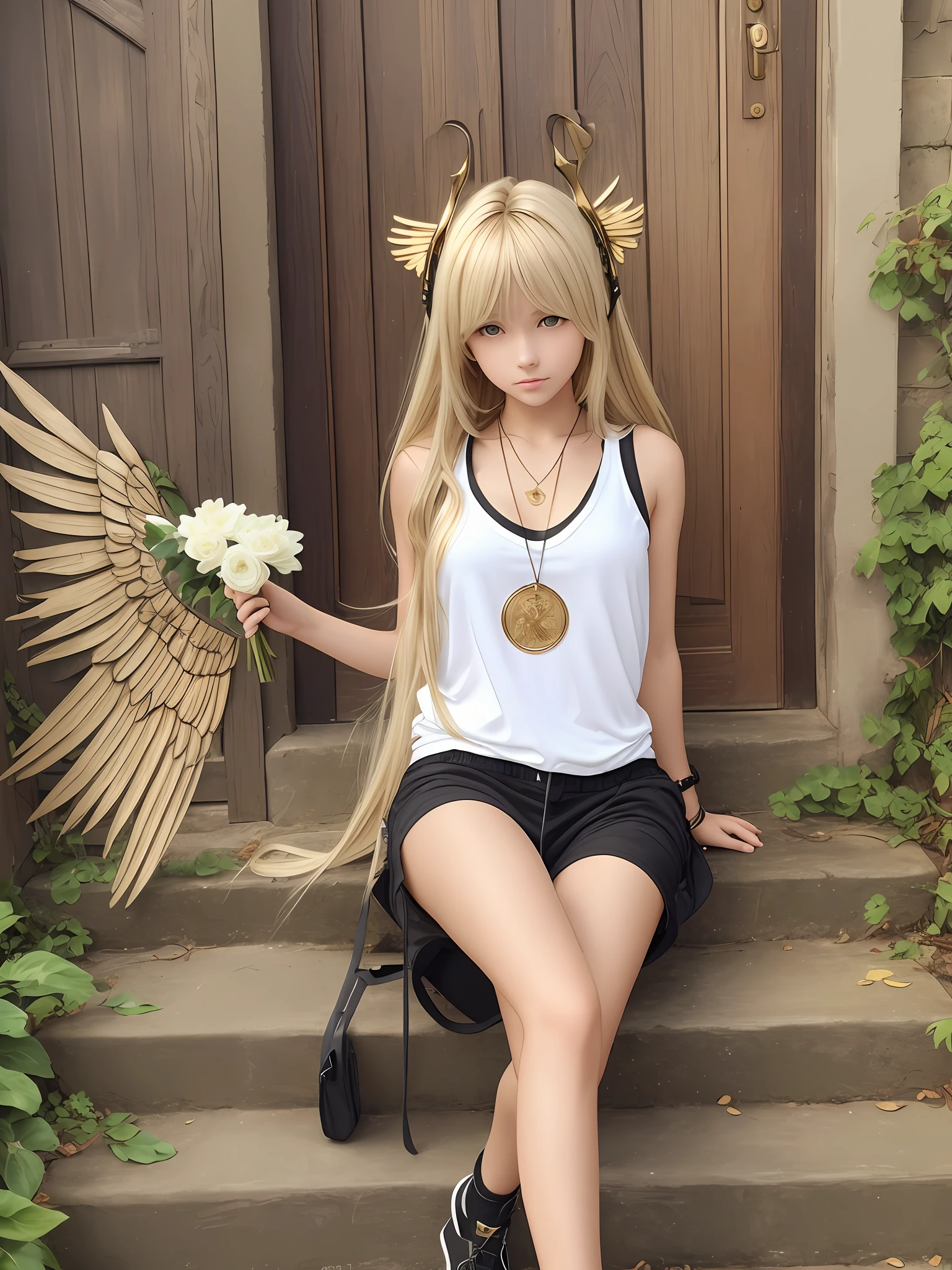 (8k, best quality, masterpiece: 1, 2), (realistic, realistic: 1, 37), top quality, masterpiece, no inner inside, blonde hair, long hair, bangs, big ponytail, golden pupils, golden eyes, six-winged angel wings, head ring, white head flower, casual wear, black backpack strap, neck strap, bare foot, leg ring, flat chest, tomboy, one --auto --s2