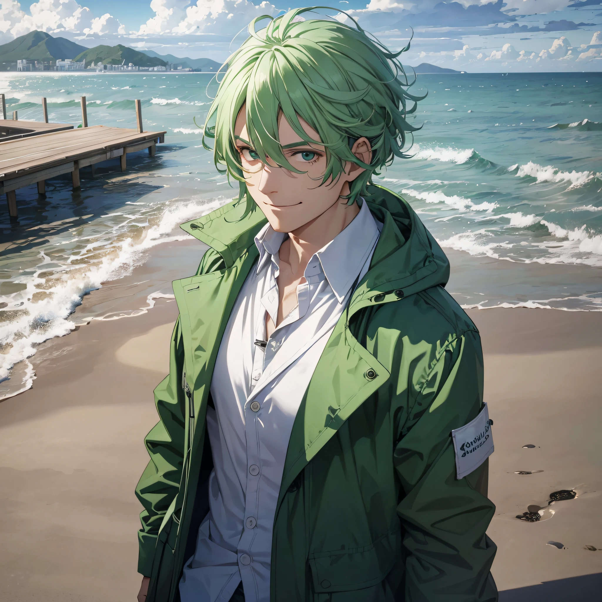 At the open dock weapons testing ground by the sea, a middle-aged man dressed as a scientist, a green coat, a white shirt, and green hair, with a smug and happy expression
