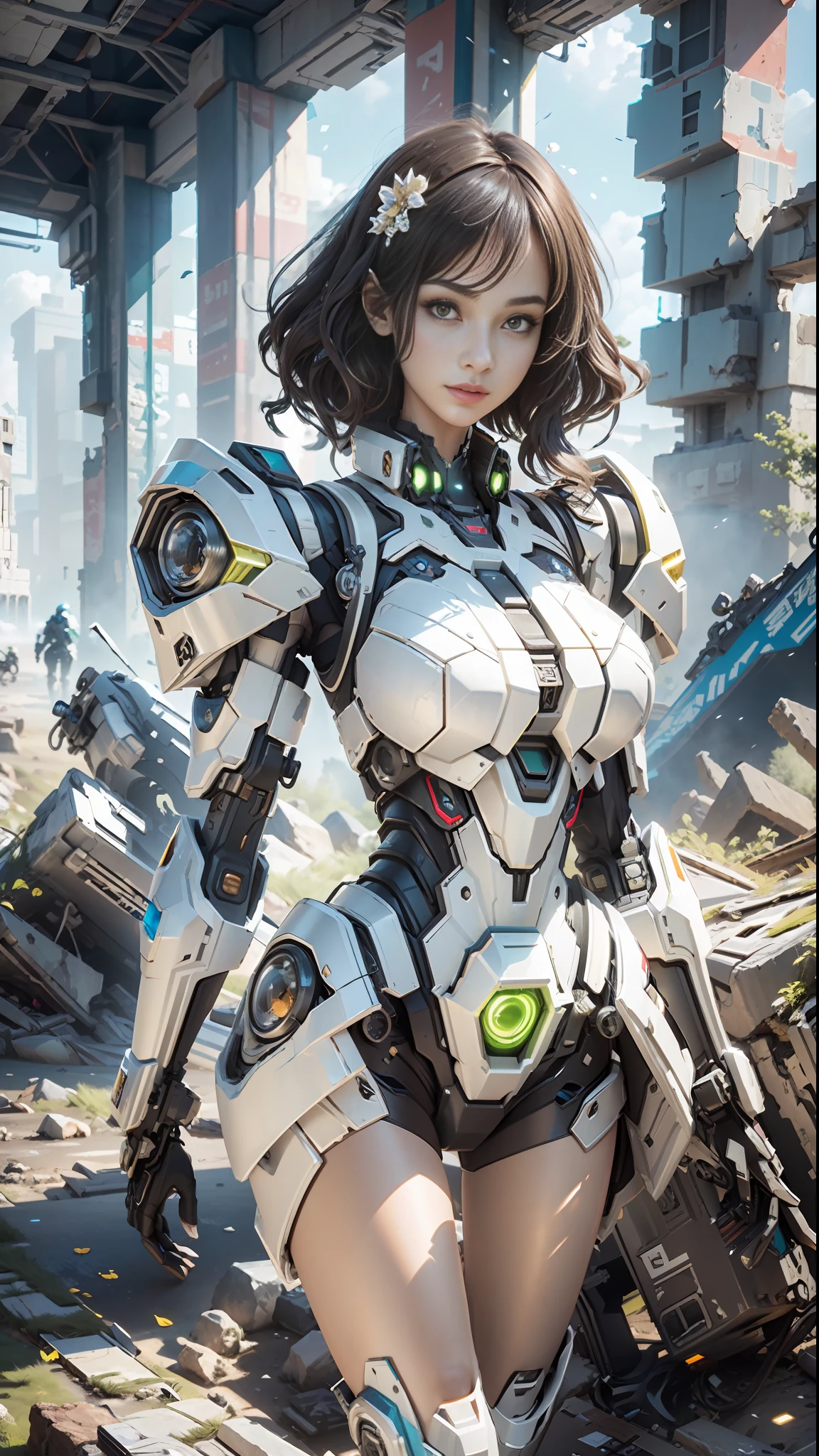 ((Best quality)), ((masterpiece)), (highly detailed:1.3), 3D,Shitu-mecha, beautiful cyberpunk women with her mecha in the ruins of city from a forgoten war, ancient technology,HDR (High Dynamic Range),Ray Tracing,NVIDIA RTX,Super-Resolution,Unreal 5,Subsurface scattering,PBR Texturing,Post-processing,Anisotropic Filtering,Depth-of-field,Maximum clarity and sharpness,Multi-layered textures,Albedo and Specular maps,Surface shading,Accurate simulation of light-material interaction,Perfect proportions,Octane Render,Two-tone lighting,Low ISO,White balance,Rule of thirds,Wide aperature,8K RAW,Efficient Sub-Pixel,sub-pixel convolution,luminescent particles,light scattering,Tyndall effect