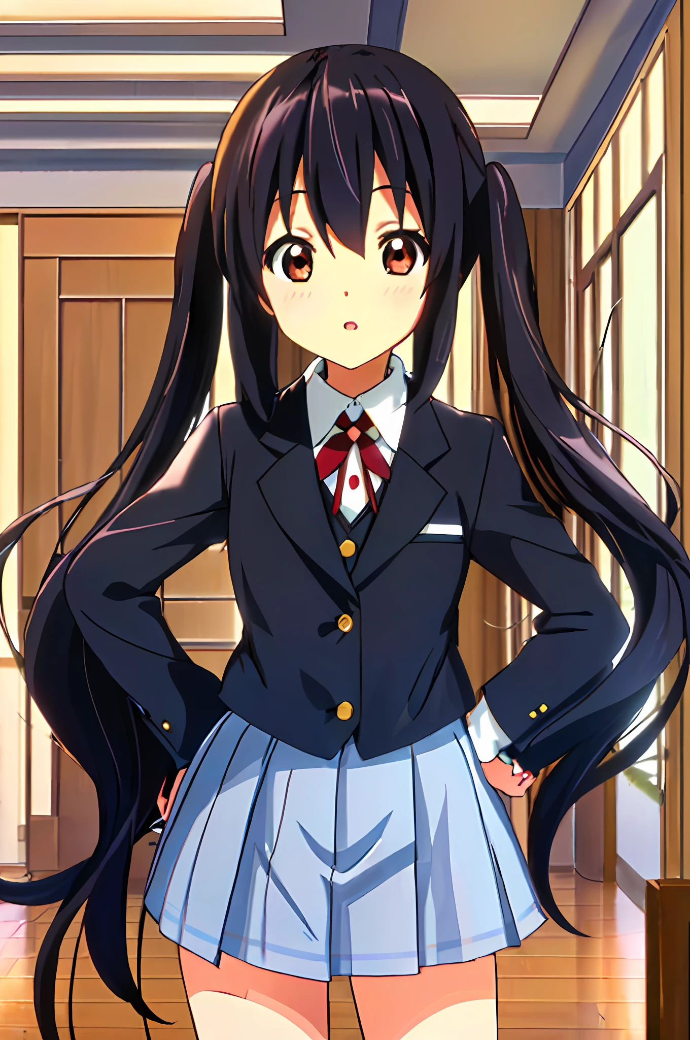 1girl, ((((Masterpiece))), Best Quality, Best Quality, High Detail, Azusa Nakano, 1girl, Sakuragaoka High School Uniform, Musical Instrument, School Uniform, Twin Tails, Long Hair, Black Hair, Brown Eyes, Solo, Red, Dark blue blazer with a thin ribbon of red, Solid white button shirt under blazer, Illustration, Cartoon, Soothing tones, Muted colors, Soft cinematic light, Adobe Lightroom, Photo Lab, HDR, complex and highly detailed, (((depth of field))))). (((Masterpiece))). (((highest quality))).) ((super detail))). (((Illustration))). (((Indoor))). (((hands on hips)))). Breasts,(((room))).dynamic focus.small breasts.