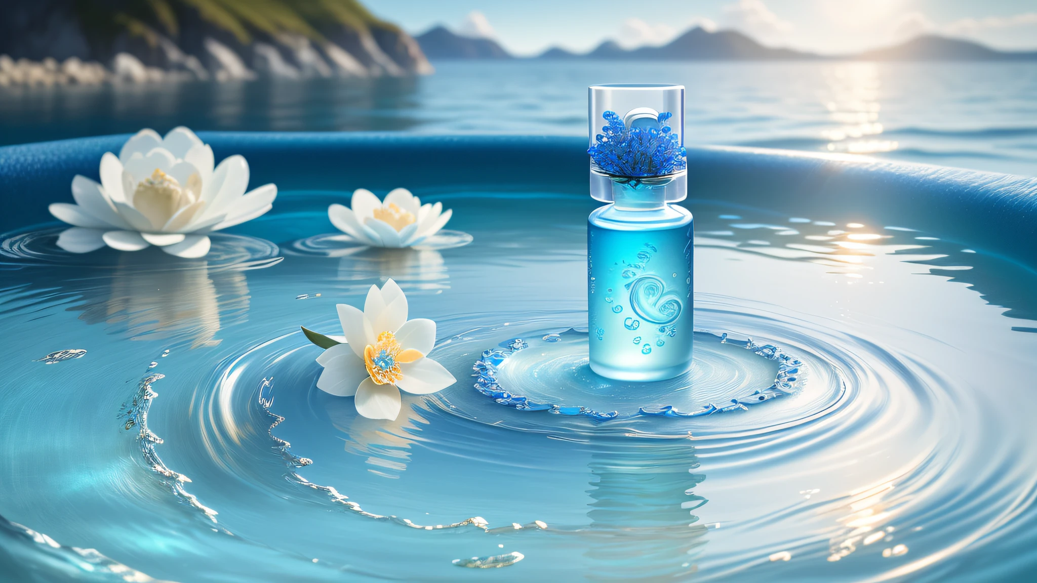 A close-up of a blue delicate skincare product, in the ocean scene, exquisite details, waves, water ripples and flowers, sunlight, natural lighting, golden section, quiet blue, colorful embellishments, product photography, commercial photography, realistic and realistic, intricate details, 32K quality