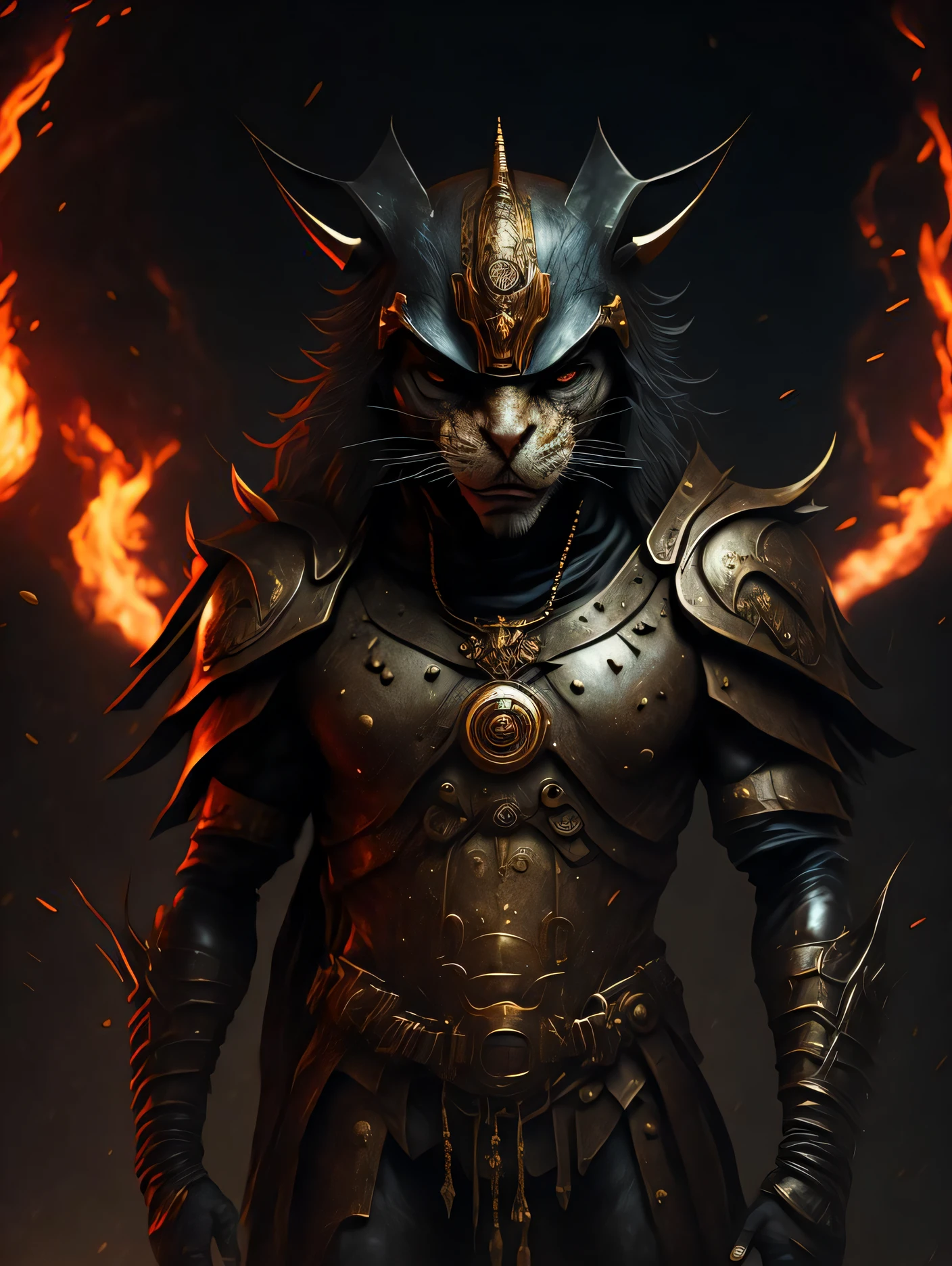 Angry cat god, closeup, steampunk anthropomorphic , black plague mask, Artstation illustrators, intricate details, face, full body portrait, dim light, illustration, UHD, 4K hyper realistic, tension, cold, highly detailed, sharp focus, professional, 8k UHD, cinematic, dark, violent, outdoor, River, battle, chase, dramatic, vivid, nervous vibe, render, epic, twilight, HDR, album cover, blizzard, lightning, cataclysmic