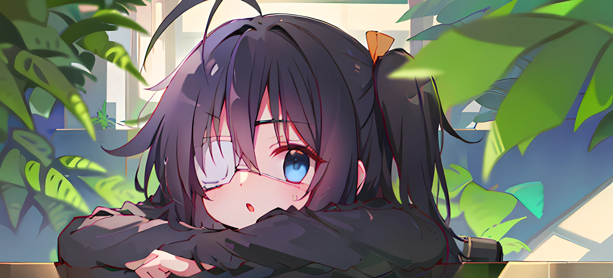 high res, masterpiece,Rikka Takanashi, black hair, solo, 1girl,outside,deatailed background, detailed eyes, ((blue eyes)), eyepatch, eyes only