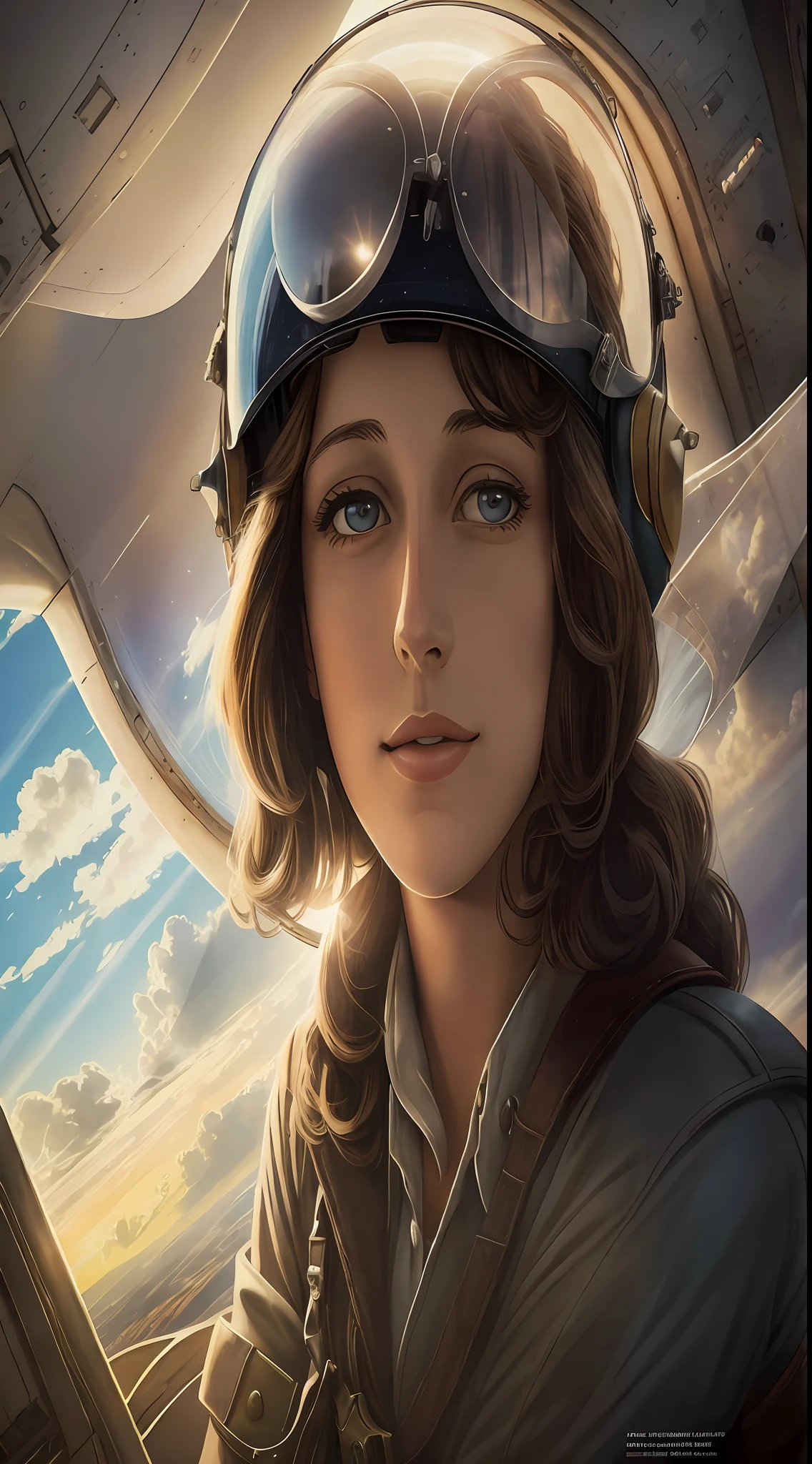 "Amy Johnson, beautiful, perfect, sexy aviator of the '30s, staring directly into the camera with a twinkle in her eye. Natural sunlight gently illuminates the entire room, adding an even more magical touch to this beautiful scene. (woman, plane, clouds,"