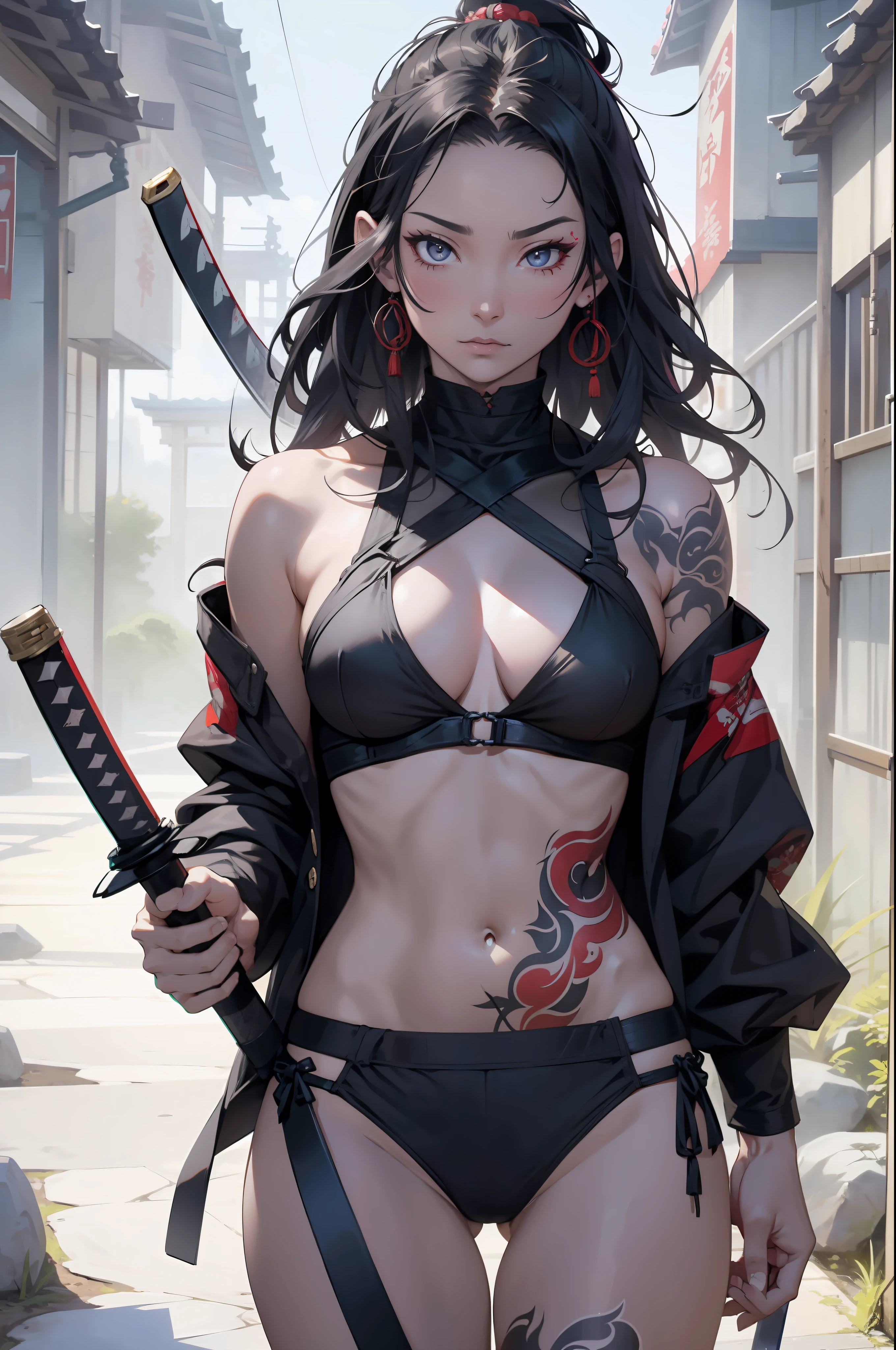 ((Simon Bisley)), Beautiful full-bodied woman, 30 years old, muscular and perfect body, ronin warrior with little clothing, many oriental tattoos, Yakuza, tiny thong, large breasts, generous neckline, holding a blood-stained katana sword, Japanese, eyes pulled, samurai clothing, black hair fulfilled smooth band on the forehead, brave face, dark kingdom, sexy pose, walking in an ancient Japanese garden