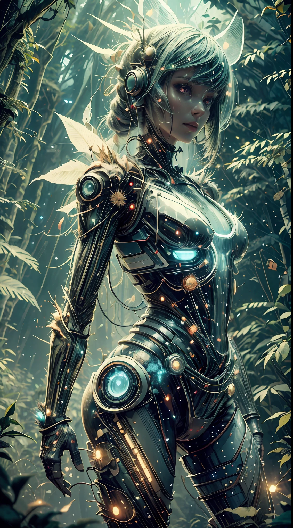 photo,raw,sharp,fashion,beautiful girl with biotech outfit,incredibly rich and detailed environment of an alien forest,cinematic,glow,neon,background blur,particles,fireflies,flares,BiophyllTech,bioluminescent