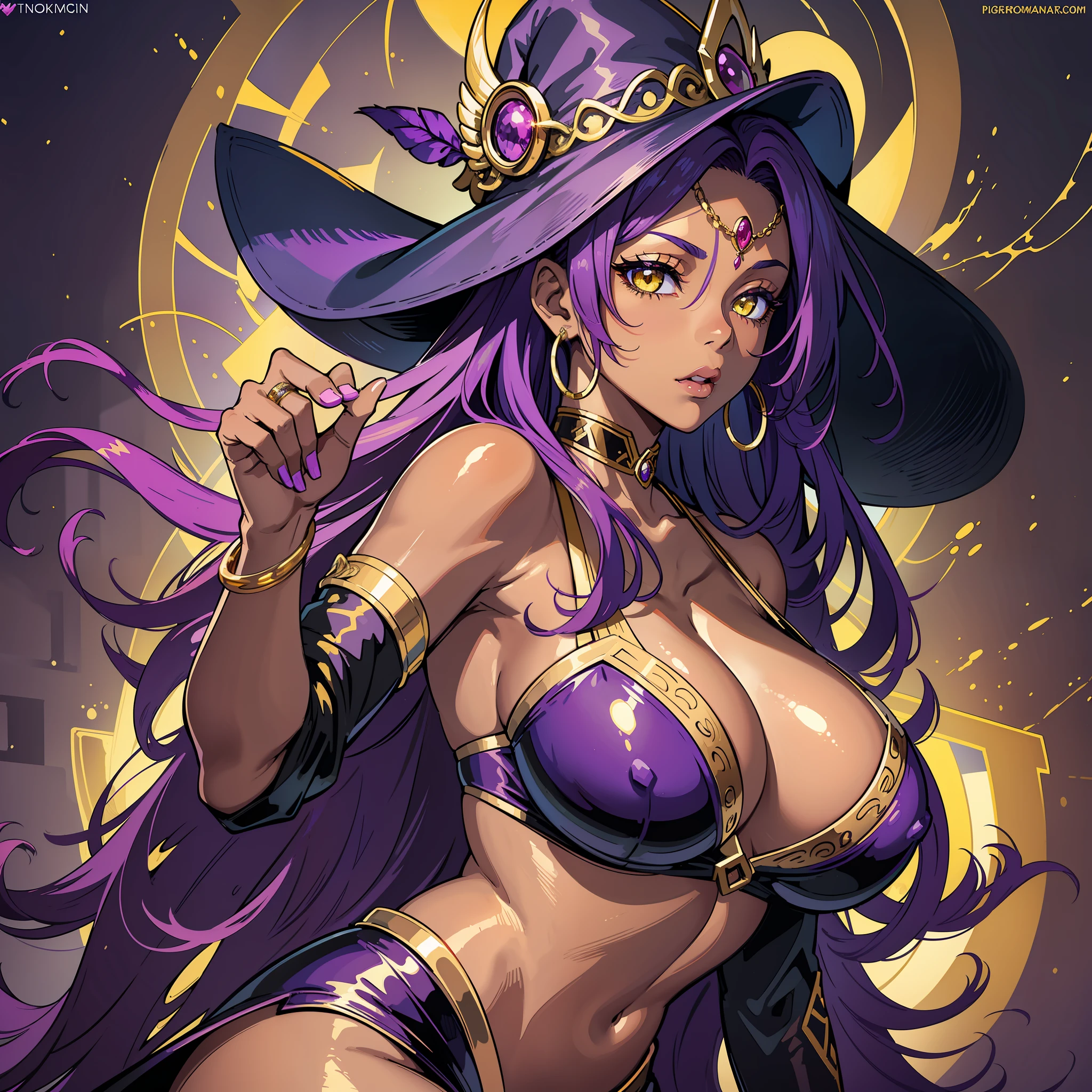 (masterpiece) superior quality, ultra-real details; Sexy witch, dark skinned, (big breasts:1.3), (big ass: 1.3), deep and seductive yellow eyes, long purple hair, bright purple short clothes, exquisite gold accessories, a dazzling portrait of a powerful and seductive sorceress.