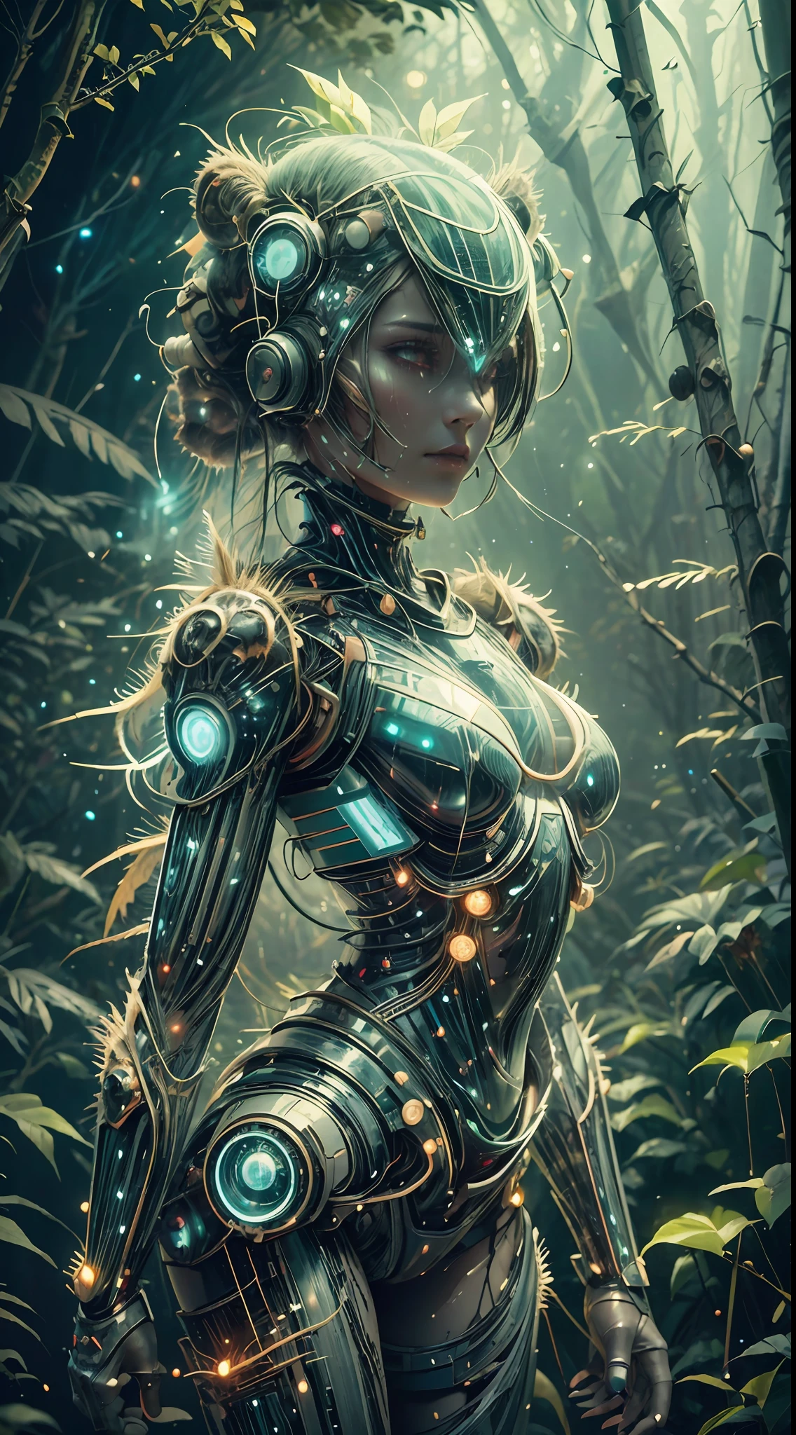 photo,raw,sharp,fashion,beautiful girl with biotech outfit,incredibly rich and detailed environment of an alien forest,cinematic,glow,neon,background blur,particles,fireflies,flares,BiophyllTech,bioluminescent