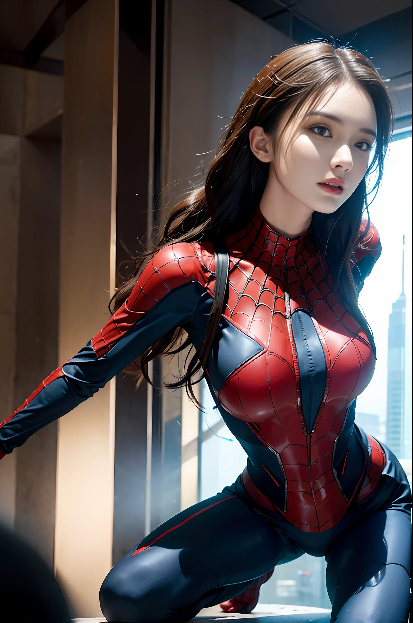 RAW, Masterpiece, Super Fine Photo,, Best Quality, Ultra High Resolution, Photorealistic, Sunlight, Full Body Portrait, Stunningly Beautiful, Dynamic Poses, Delicate Face, Vibrant Eyes, (Side View) , she is wearing a futuristic Iron Lady Spiderman costume, very detailed background, detailed face, detailed and complex busy background, messy, gorgeous, milky, high detailed skin, realistic skin details, visible pores, sharp focus, Volumetric fog, 8k uhd, dslr, high quality, film grain, fair skin, photorealism, lomography, sprawling metropolis in a futuristic dystopia, view from below, translucent