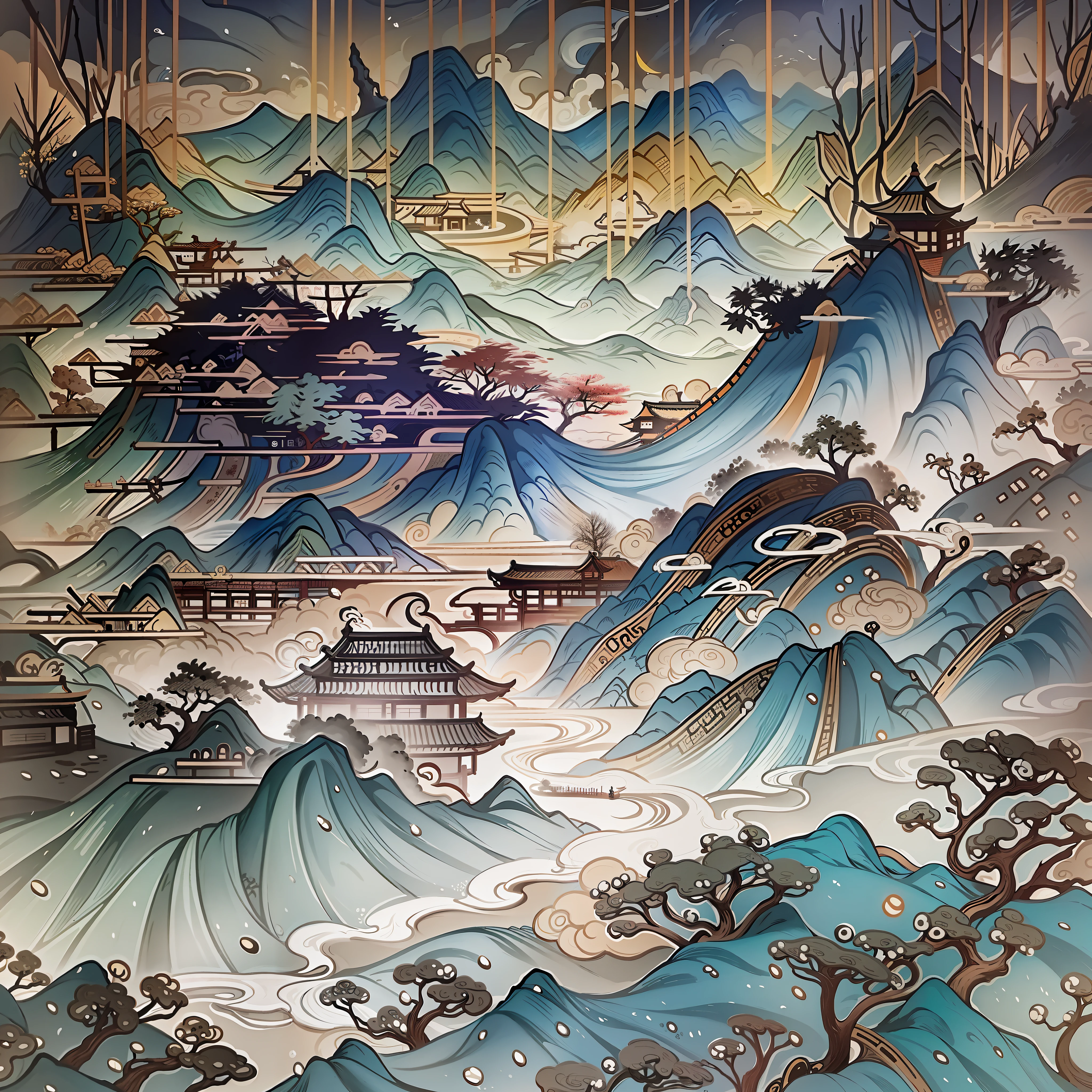 An ancient Chinese painting, ancient Chinese background, mountains, rivers, auspicious clouds, pavilions, sunshine, masterpieces, super detail, epic composition, ultra HD, high quality, extremely detailed, official art, unified 8k wallpaper, Super detail, 32k -- v 6