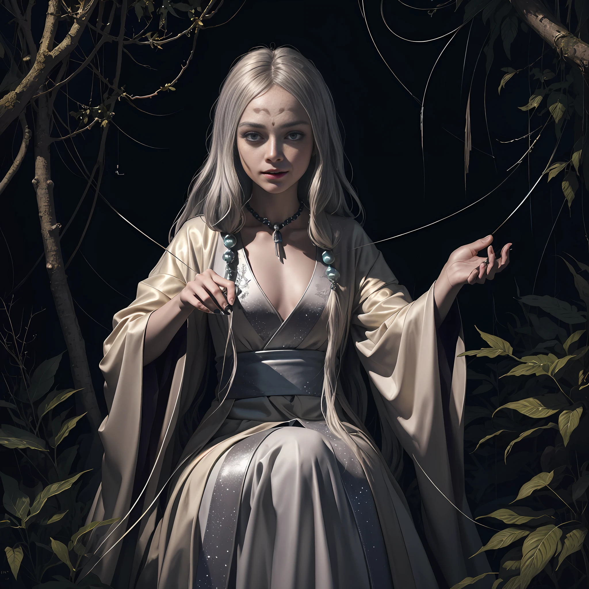 Masterpiece, best quality, MTSpider V4, (((1 young innocent boy)), HDR, very detailed eyes and face, goth, solo, white skin, long hair, beads, japanese clothes, white kimono, silk, stone, forest, northern lights, spider silk, (glowing metal objects hovering in the air and encircling him: 1.2), (arcs and sparks: 1.2), (energy flow: 1.2), (translucent magnetic field lines: 1.2), (gold, silver gray and shimmering light effects: 1.2), horror art, fear, unified 8k wallpapers, ultra-detailed, beautiful and aesthetic, masterpiece, the best quality, deep and rich black shadows, mother earth, smiles, enchanting whimsical fantasy forest background, happiness, enchanting atmosphere, very detailed, dynamic angles, cowboyshot, most beautiful chaotic forms, elegance, fauvist design, bright colors, romanticism, by James Jean, Robbie Devi Antonio, Ross Tran, Francis Bacon, Michal Mlaz, Adrian Ganey, Petra Corright, Gerhard Richter, Takashi Yamamoto, Ashley Wood, Atmospheric