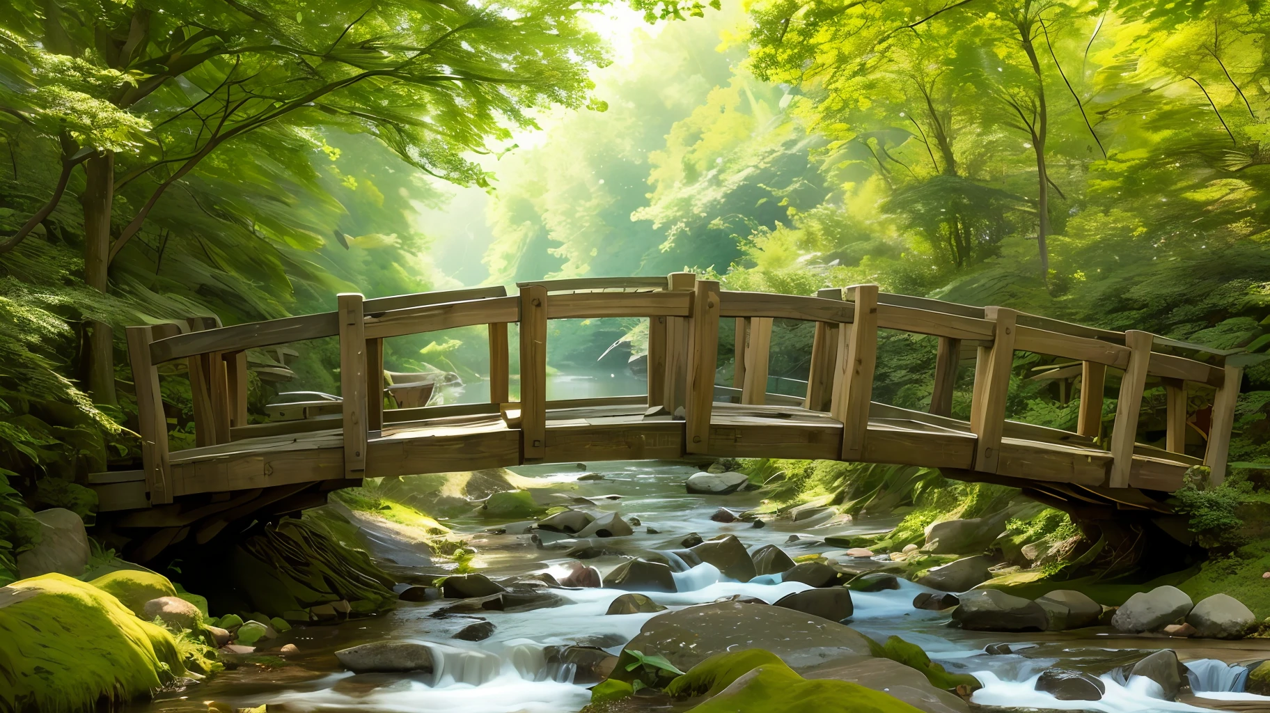 there is a bridge over a stream in a forest with rocks, wood bridges, fairyland bridge, nature wallpaper, wooden bridge, radiant morning light, gentle sparkling forest stream, serene scene, photorealistic landscape, setting in nature, stunning nature in background, anime nature wallpap, summer morning light, all in the amazing outdoors view, bridge over the water