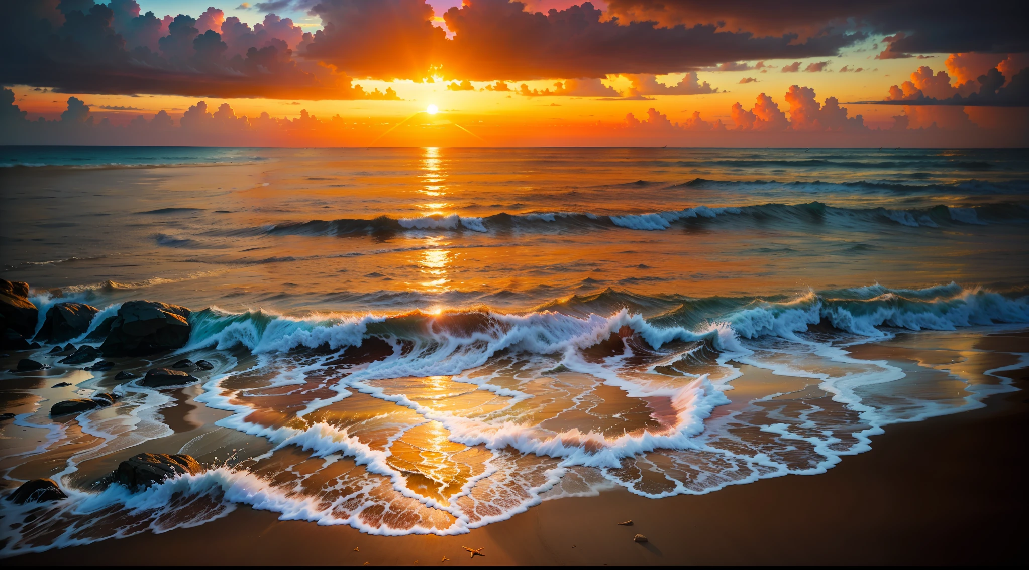 An absolutely mesmerizing sunset over the beach, with a mix of oranges, pinks and yellows filling the sky. The crystal clear waters of the sea gently kiss the coast, with a white sand beach stretching throughout. The scene is dynamic and breathtaking, with seagulls flying high in the sky and palm trees swaying, gently some rocks near the beach. Soak up the soothing atmosphere and let the tranquility take over you.