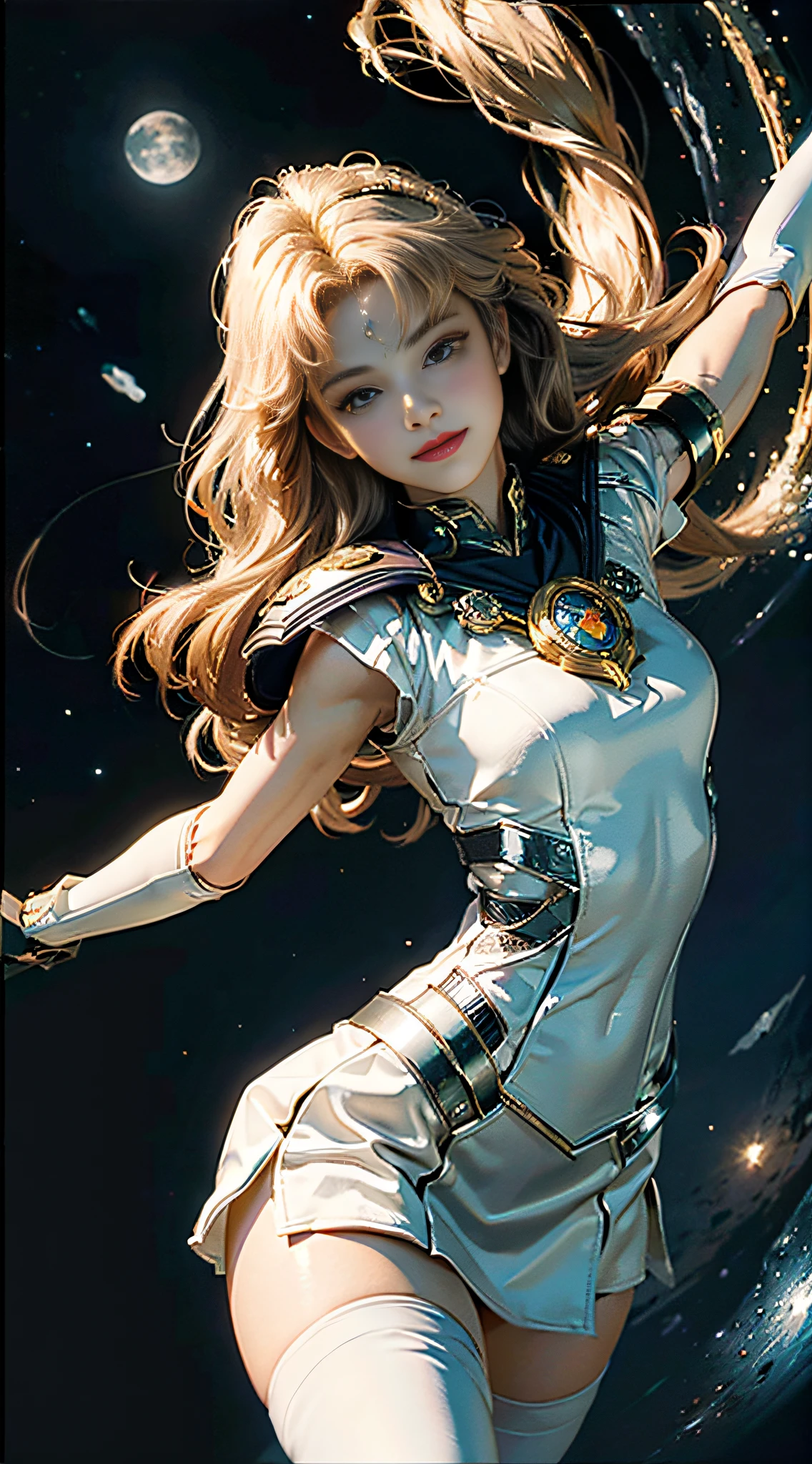 (Extreme detail CG Unity 8K wallpaper, masterpiece, highest quality), (exquisite lighting and shadow, highly dramatic picture, cinematic lens effect), (Sailor Moon: 1.1), charming smile, double tail, blue eyes, blond hair, tight top, white gloves, mini skirt, dynamic pose), the background is the universe (excellent detail, excellent lighting, wide angle), (excellent rendering, enough to stand out in its class),