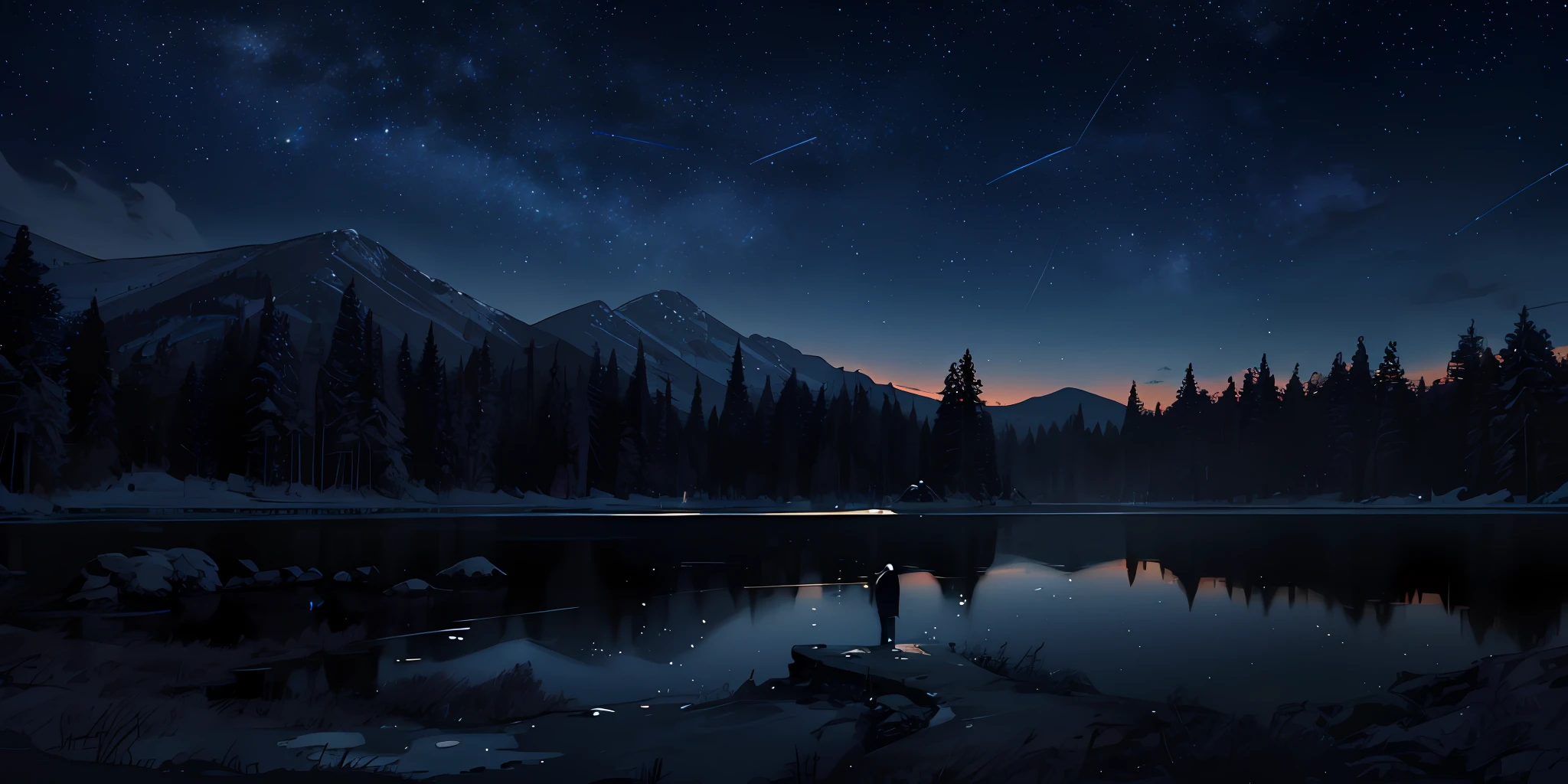 illustration, cartoon, soothing tones, calm colors, beautiful landscape, forest, lake, dark night, nabula, starry sky, shooting stars, 8k, best quality, by ilya kuvshinov, by makoto shinkai