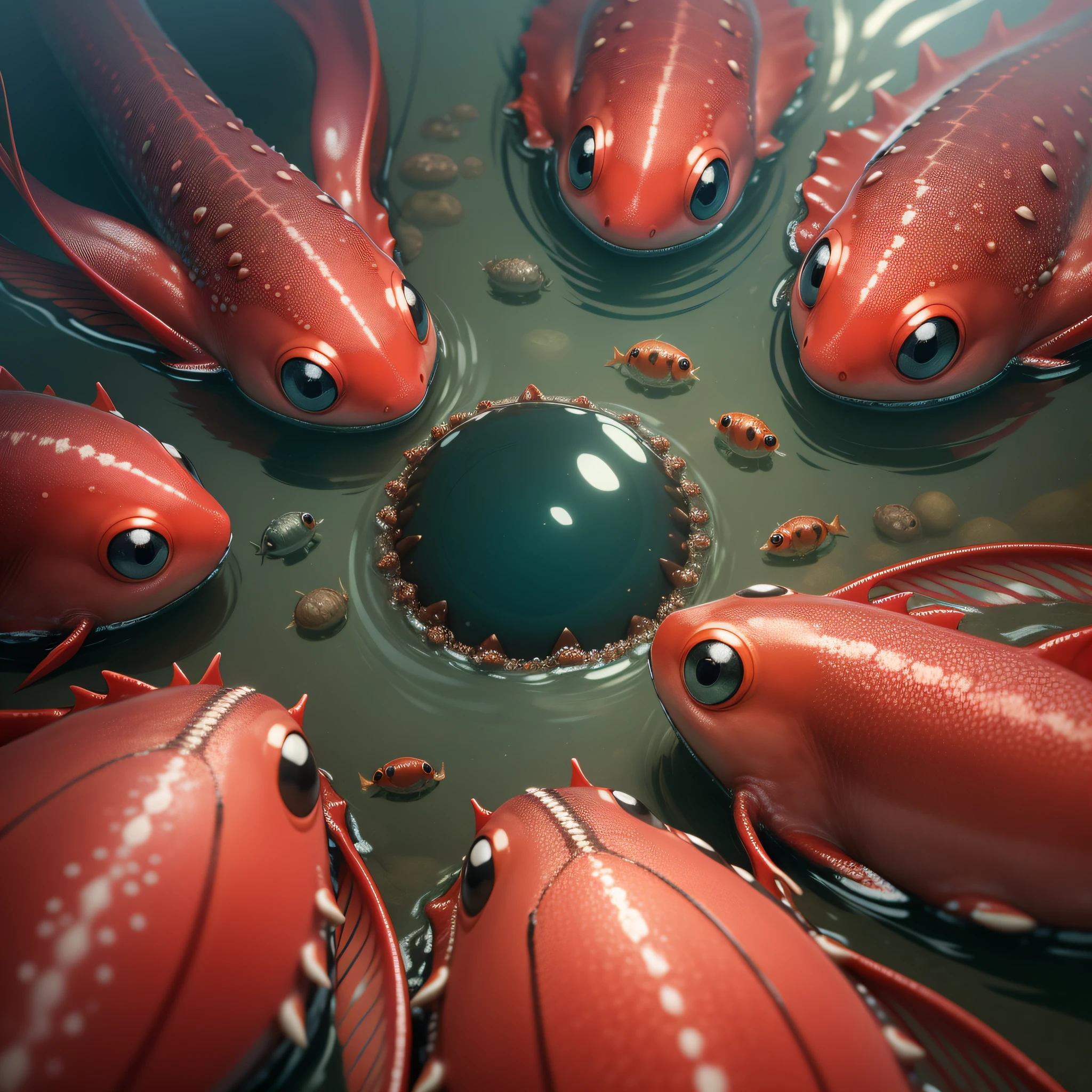 8k, ultra-wide angle, ultra-detailed, surreal, in the ocean, multiple, countless red tadpoles, huge bodies, spikes, sharp teeth, huge pincers, swimming in one direction