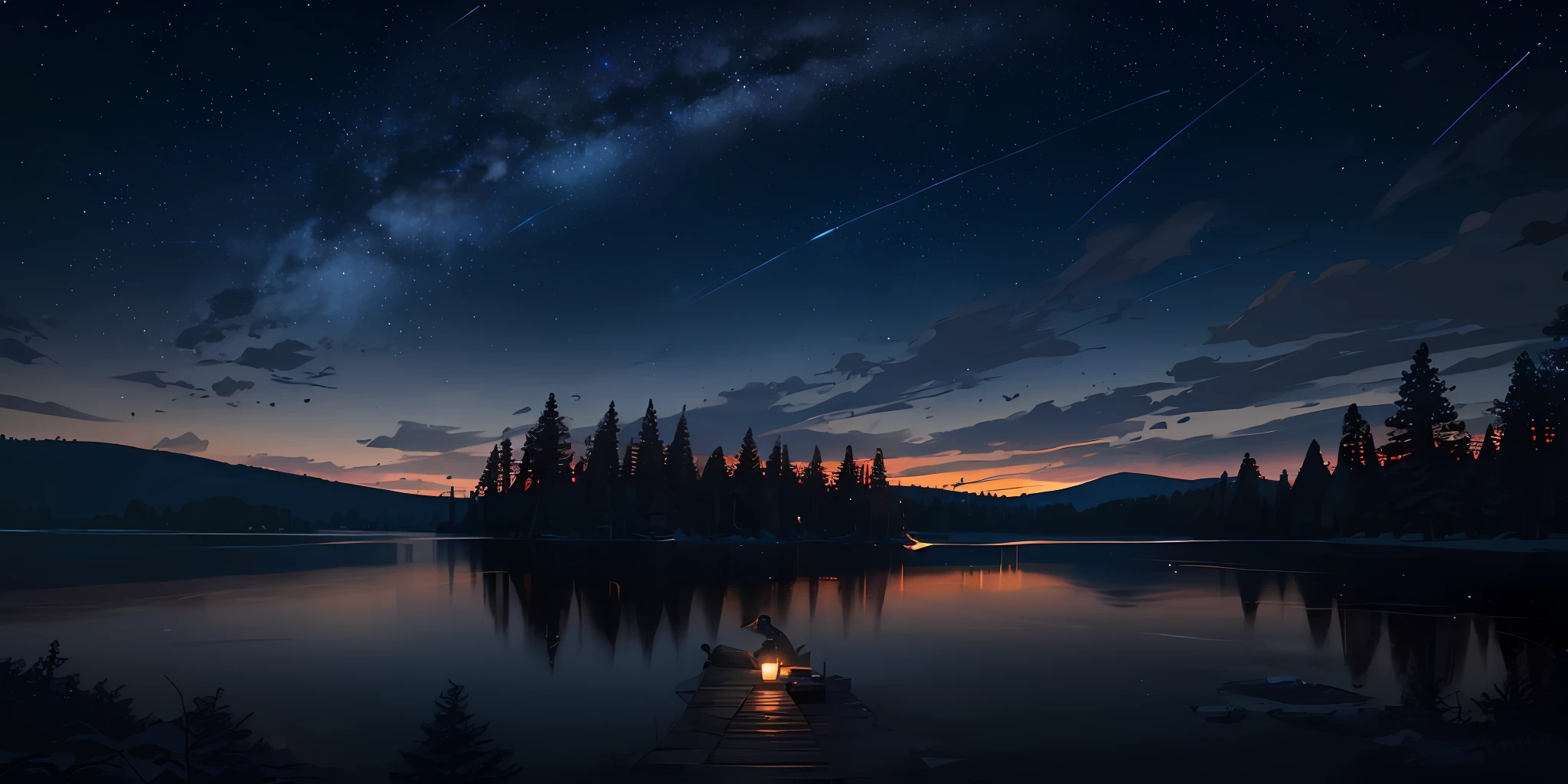 illustration, cartoon, soothing tones, calm colors, beautiful landscape, forest, lake, dark night, nabula, starry sky, shooting stars, 8k, best quality, by ilya kuvshinov, by makoto shinkai