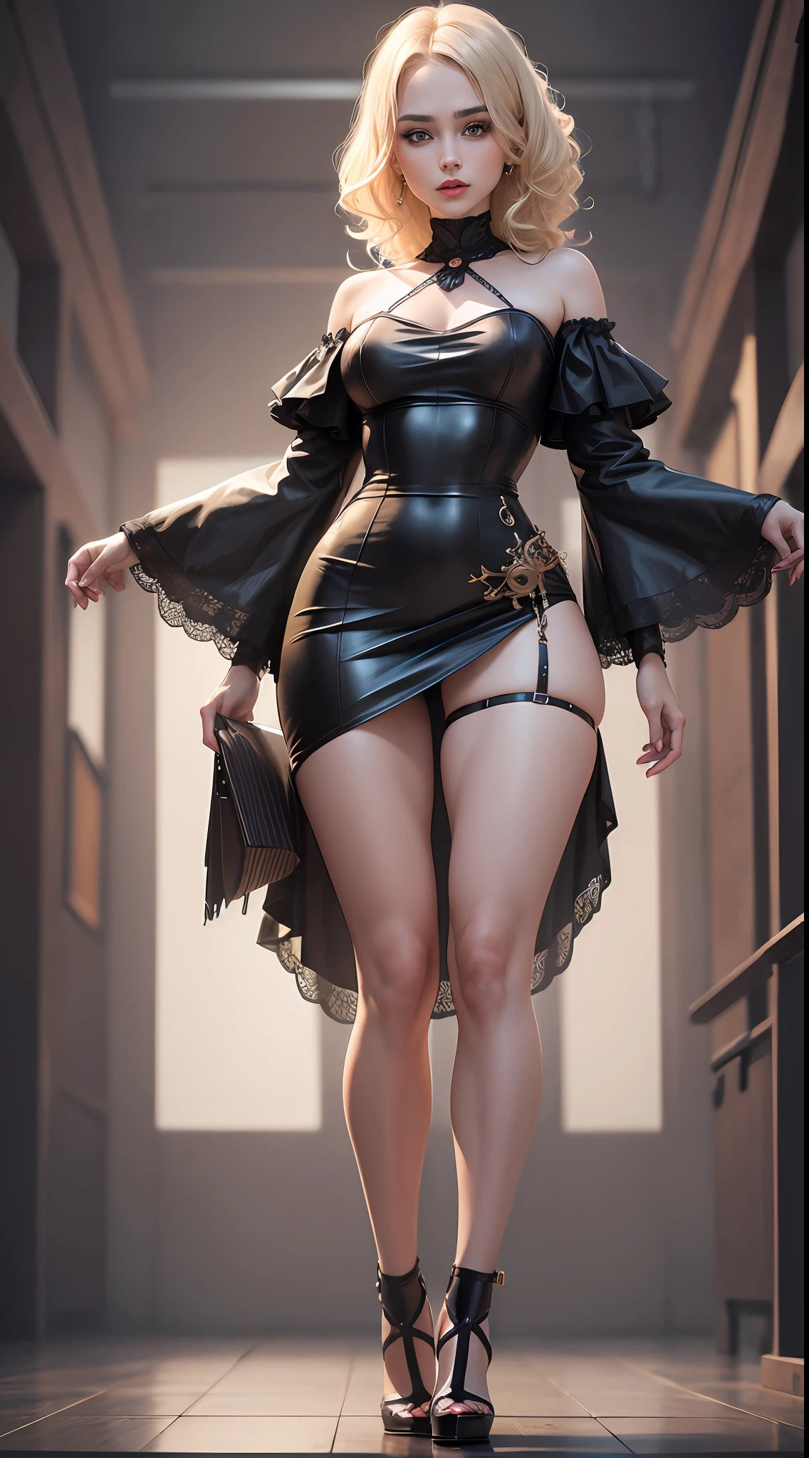 (8K, 4K, Best Quality, Highres, Ultra High Res:1.1), (Masterpiece, Realistic, Photo-Realistic:1.1), 1girl, Face, Close-Up, blonde hair, Black Eyes, Red Lips, (Looking in audience: 2), (Full body: 1.2), Absurd hair, long eyelashes, eye shadow, small face, big eyes, full body shot, bare shoulders, high contrast,