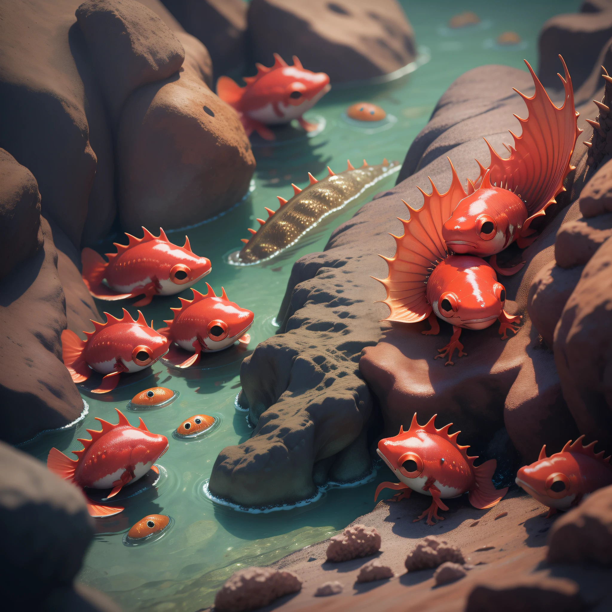 8k, ultra-wide angle, ultra-detailed, surreal, in the ocean, multiple, countless red tadpoles, huge bodies, spikes, sharp teeth, huge pincers, swimming in one direction