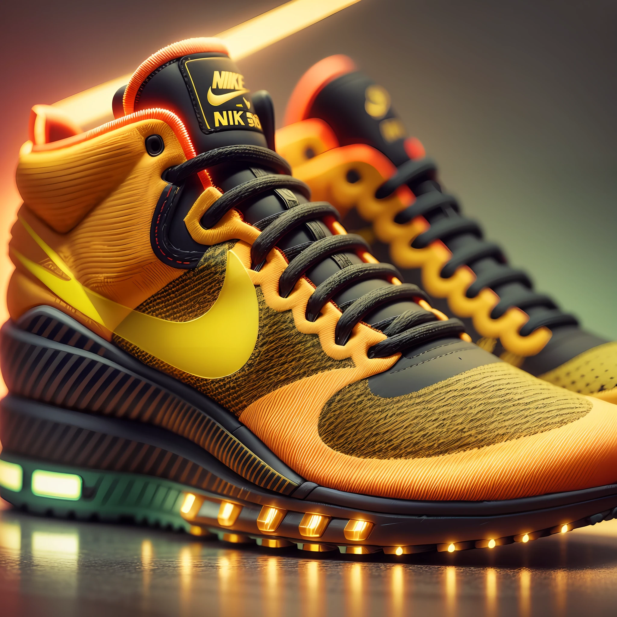a Nike shoe, leds look, product photography shot with a Canon EF 50mm f/1.8 STM Lens, cinematic lighting, elaborate details, 8k resolution, yellow, Black, reds colors, Nike shoe --auto --s2