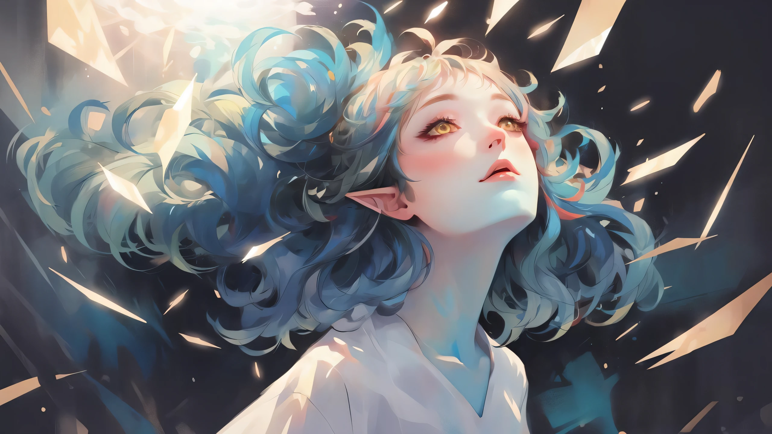 Hair Censor, ((blue skin)), 1 girl, solo, beautiful detailed eyes, yellow eyes, beautiful detailed, detailed light, dynamic angle, dynamic lighting, detailed face, long hair, silver hair, (elf), tousled hair, long hair, silver hair, best quality, masterpiece, work of art, maximum detail, perfection, clearing, flower background, (looking up at viewer), (nude, half body)