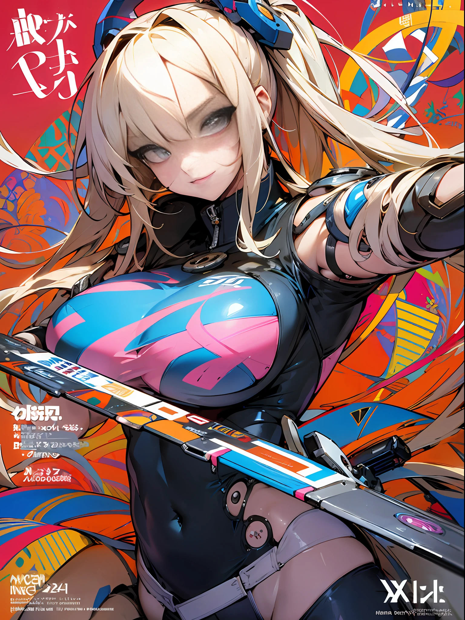 background, mixed-language_text, Japanese letters in graffit, girls, long blonde hair, excellent lighting, sidelighting, perfect ultimate (flat color: 1.3), (magazine_cover: 1.4), (multicolored_background: 1.3), striped_background, card_background, :: comix style by joe madureira :: circular pieces of white metals glued to the ultra detailed arms coming out sparkling shine, perfect and detailed, ultra detailed shirt with abstract design and with Japanese letter print in graffit of the sides of clothing, image of girls with big breast, on top of a futuristic motorcycle, with immersive effects, hover effect, background graffiti style tribal tattoo with flowers and vibrant colors, "ultra HDR" detailed and with focus effect, (masterpiece: 1.2, best quality), (beautiful eyes with huge eyelashes finely detailed: 1.2), , ((Solo)), (Finely detailed eyes and detailed face: 1.3), in various full-body attack poses, (cute background: 1.2),futuristic costume, super detailed circular metals Clinging to the arms and pants, fantastic paintings