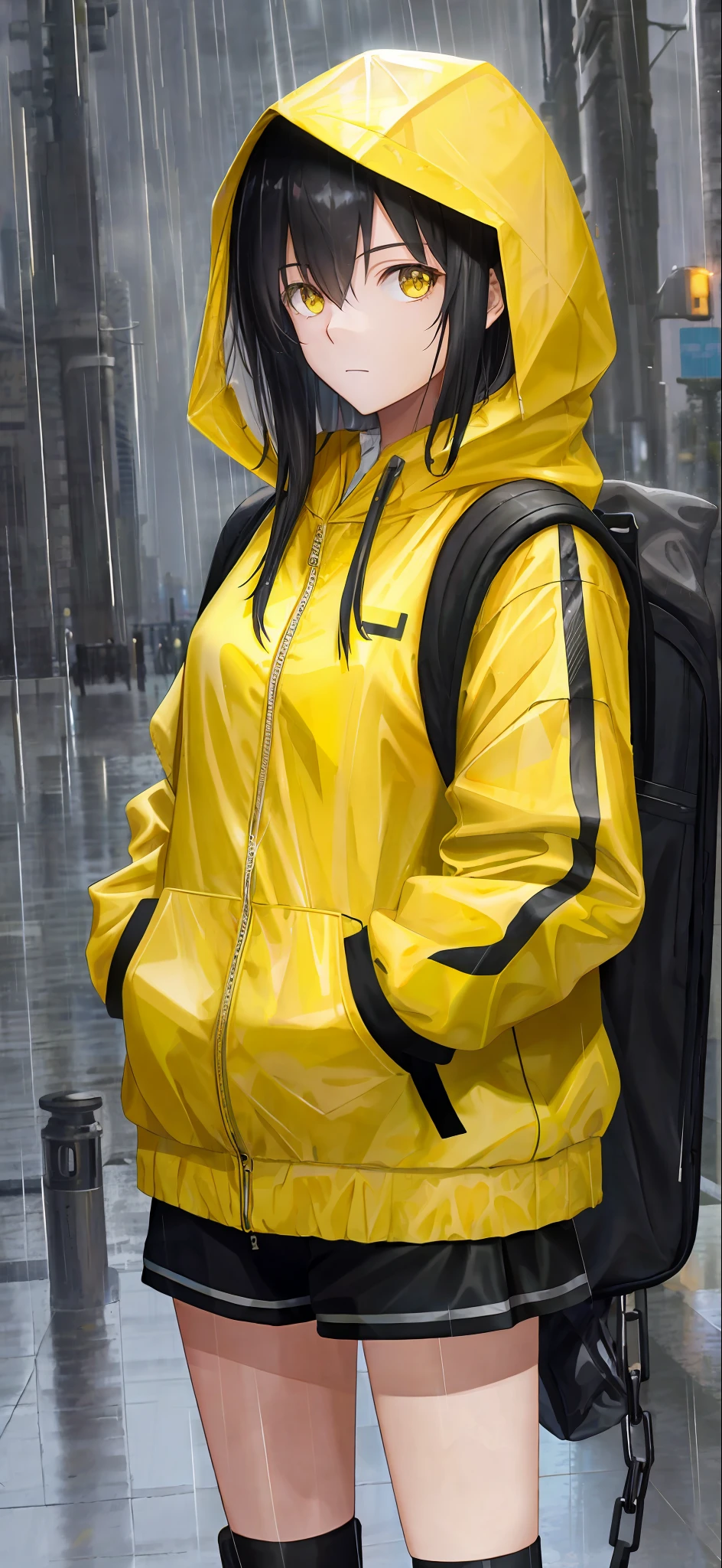 1girl, yellow jacket, rain, outdoors, hoodie, open jacket, chain, backpack, looking at another person, messy long hair, trends on artstation, 8k resolution, very detailed, anatomically correct, clear images, digital painting, concept art, trends on pixiv, Makoto Shinkai style,