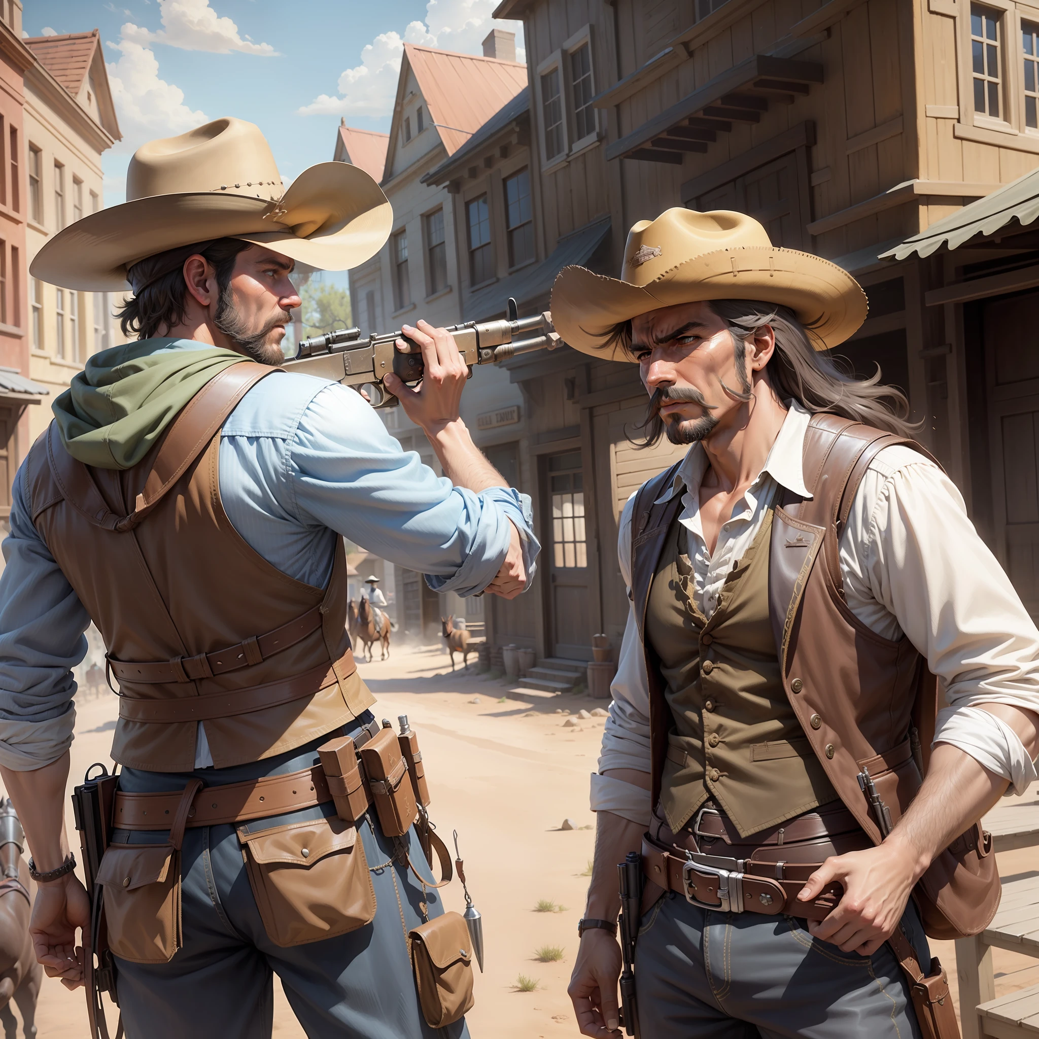 duel of gunslinging cowboys in the middle of an old town,old west,dust,horse,artwork,3d,4k,detailed,realistic