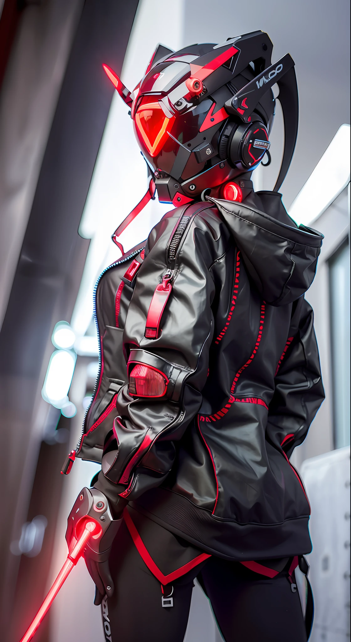 Masterpiece, best quality, a close-up of a futuristic-looking cyborg girl with a fantastic cyberhelmet head with red triangular LED lights and a halo, dressed in a black Techwear jacket, full body white background