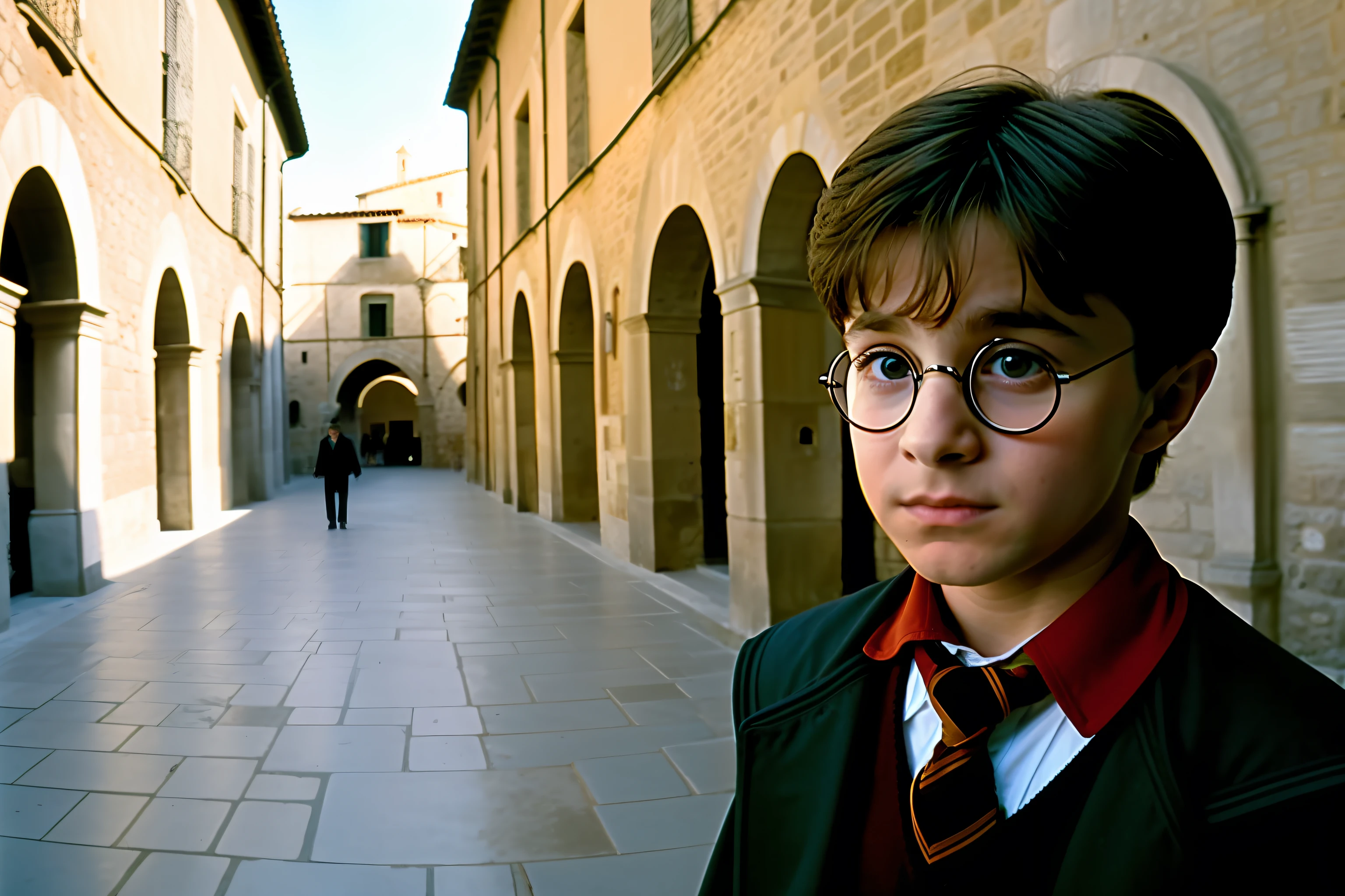 film still, scene solo Harry Potter played by an Italian child In front of Sicilian buildings, wide angle, style by 1950 italian mafia movie