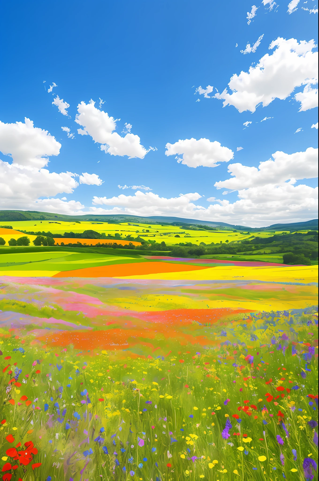 arafed field of wildflowers and blue sky with clouds, flower field, fields of flowers, extraordinary colorful landscape, meadow with flowers, scenic colorful environment, felucia landscape, vast lush valley flowers, field of flowers, vivid landscape, field of wild flowers, with flower fields as foreground, background of flowery hill, flower fields, blissful landscape, meadows