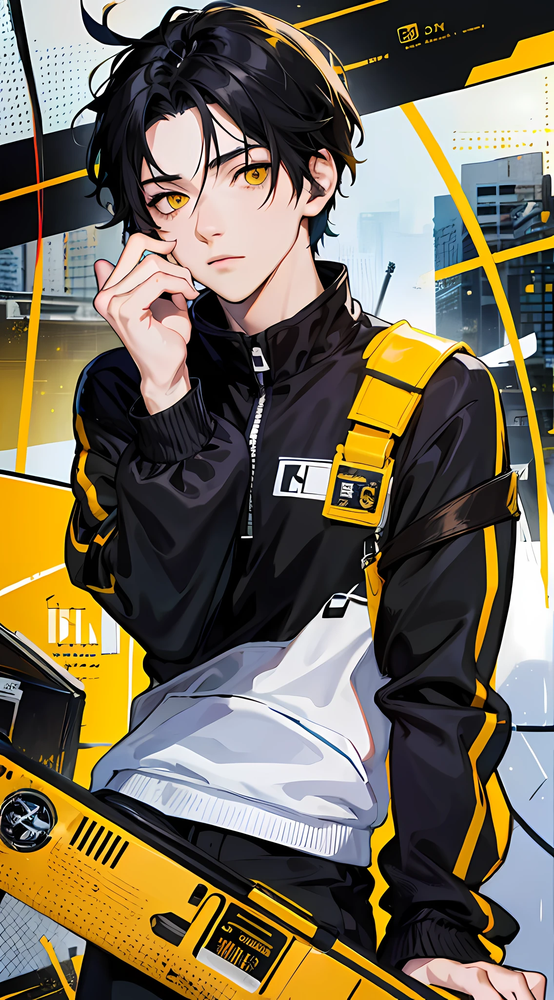 8k high definition, full reality, boy, boy, anime, sweatshirt, black hair, yellow eyes, innocent look, wallpaper --auto --s2