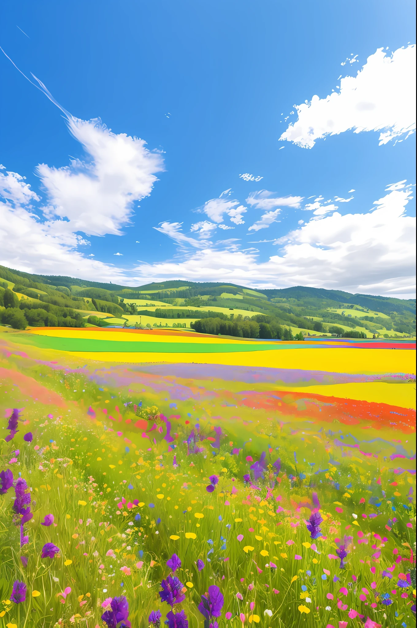 arafed field of wildflowers and blue sky with clouds, flower field, fields of flowers, extraordinary colorful landscape, meadow with flowers, scenic colorful environment, felucia landscape, vast lush valley flowers, field of flowers, vivid landscape, field of wild flowers, with flower fields as foreground, background of flowery hill, flower fields, blissful landscape, meadows